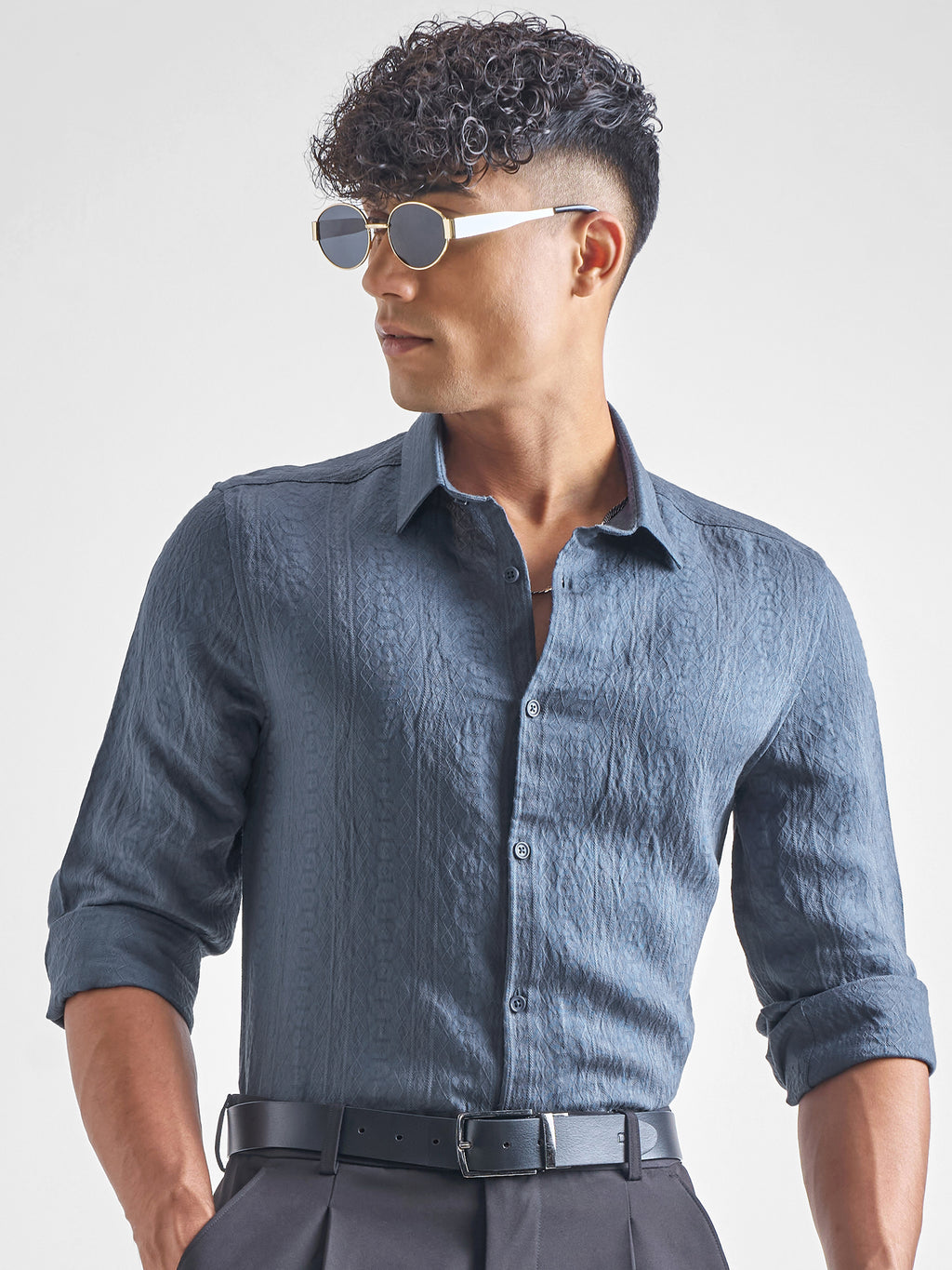 Highlander Men Navy Blue Crushed Slim Fit Casual Shirt - Navy Blue - Image 1
