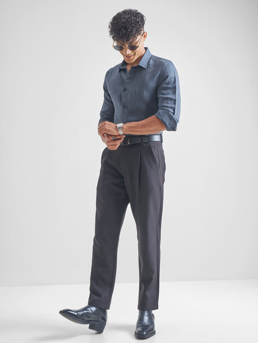 Highlander Men Navy Blue Crushed Slim Fit Casual Shirt - Navy Blue - Image 2