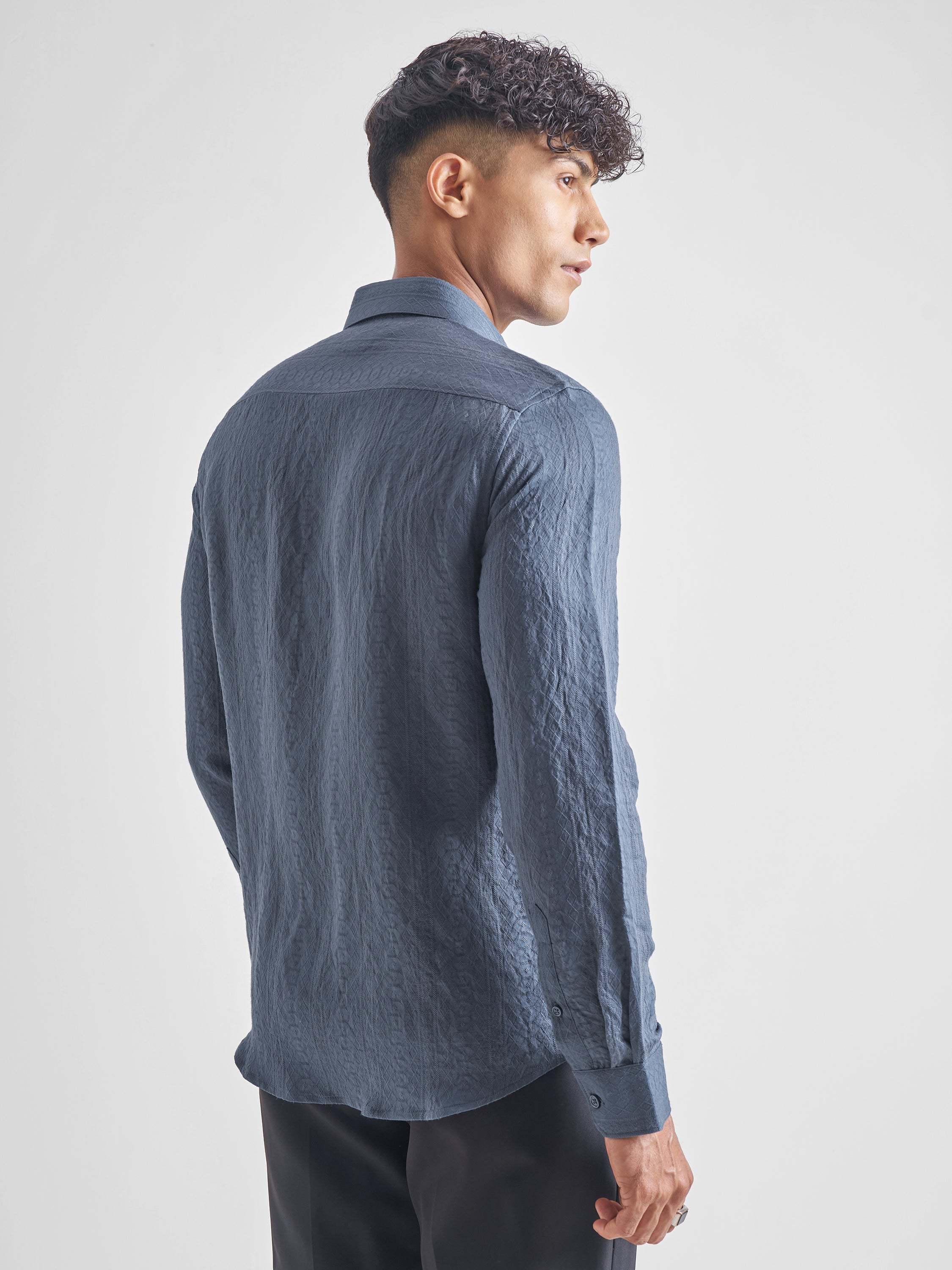 Highlander Men Navy Blue Crushed Slim Fit Casual Shirt - Navy Blue - Image 3