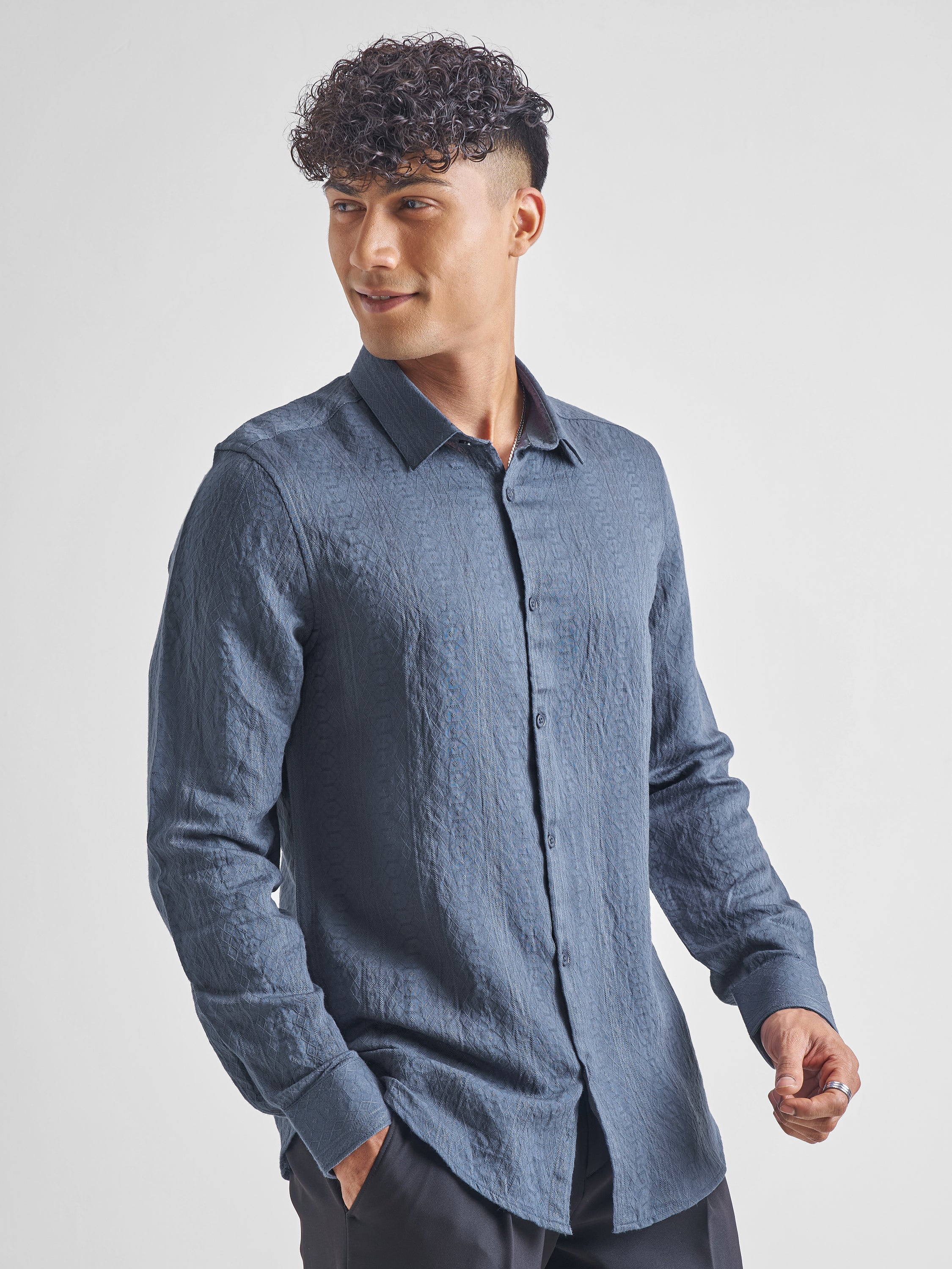 Highlander Men Navy Blue Crushed Slim Fit Casual Shirt - Navy Blue - Image 6