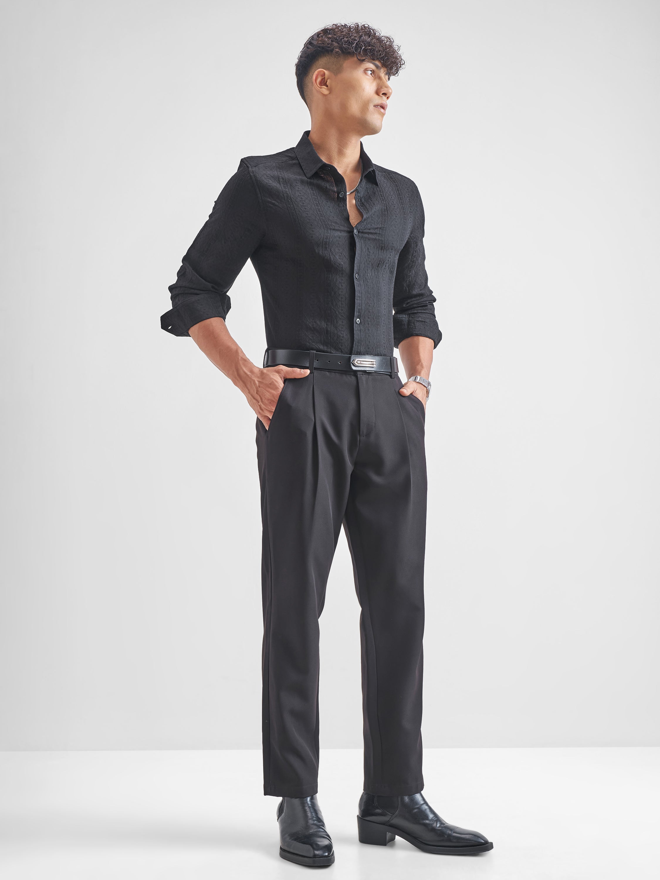 Highlander Men Black Crushed Slim Fit Casual Shirt - Black - Image 2