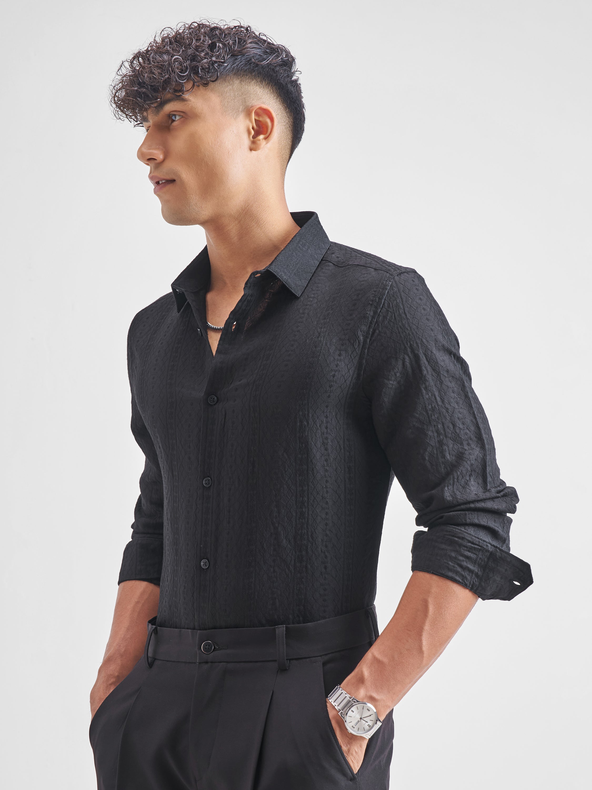 Highlander Men Black Crushed Slim Fit Casual Shirt - Black - Image 4