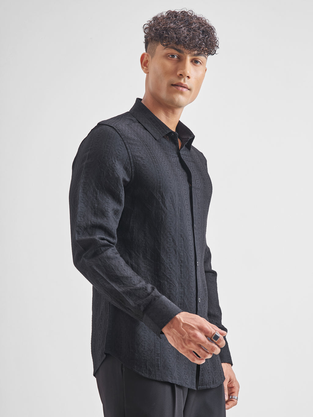 Highlander Men Black Crushed Slim Fit Casual Shirt - Black - Image 6