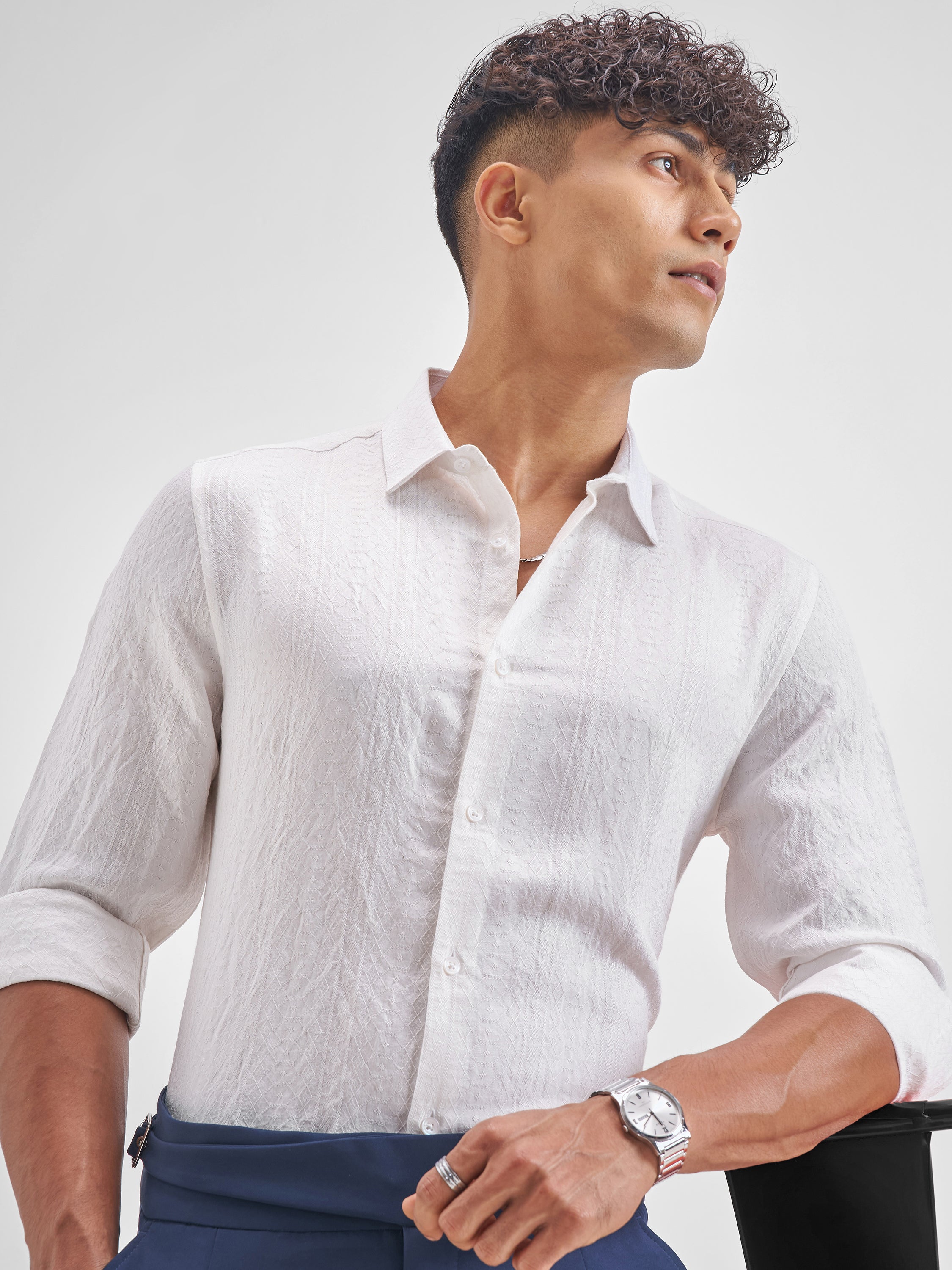 Highlander Men White Crushed Slim Fit Casual Shirt - White - Image 1