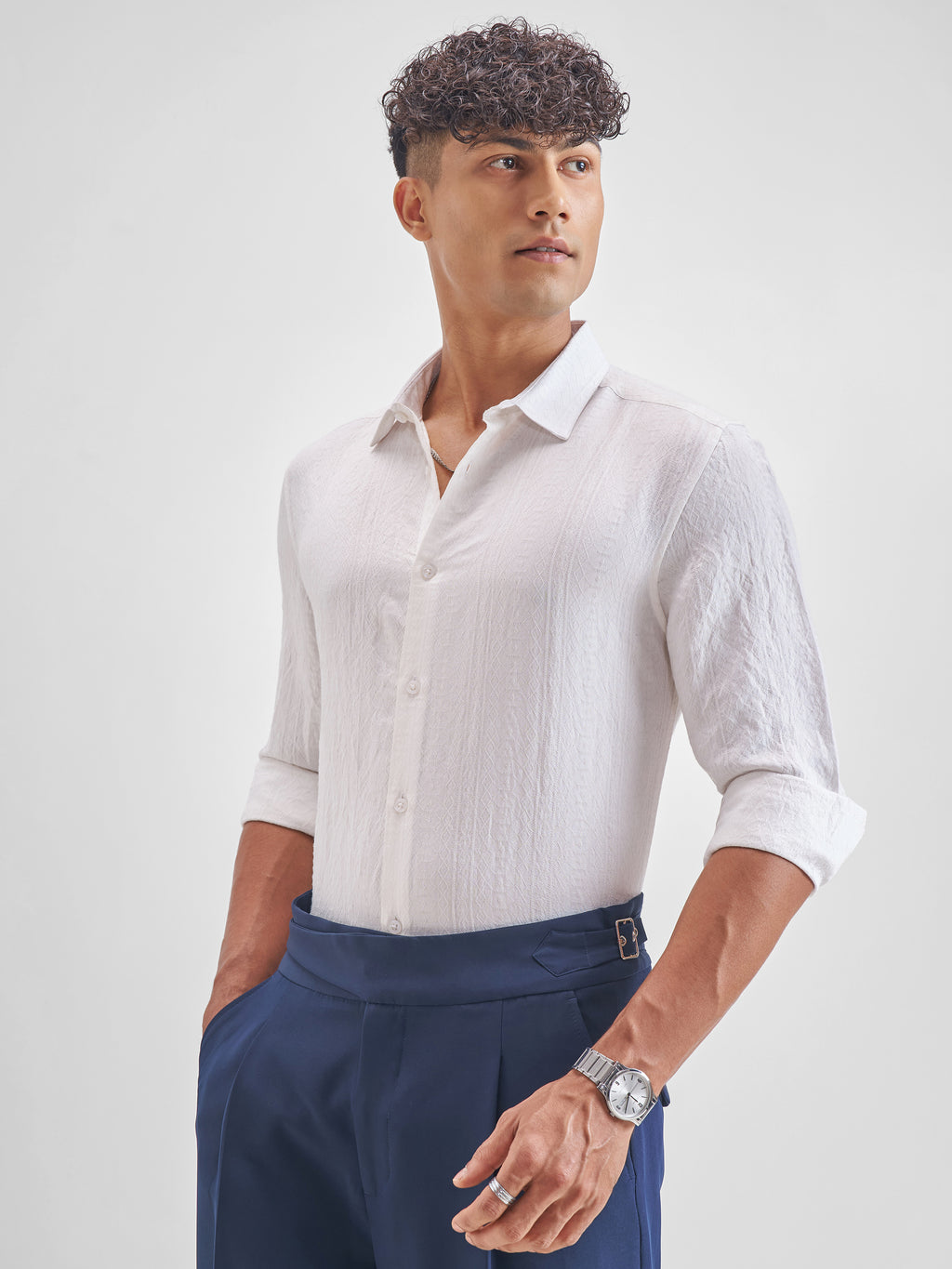 Highlander Men White Crushed Slim Fit Casual Shirt - White - Image 4