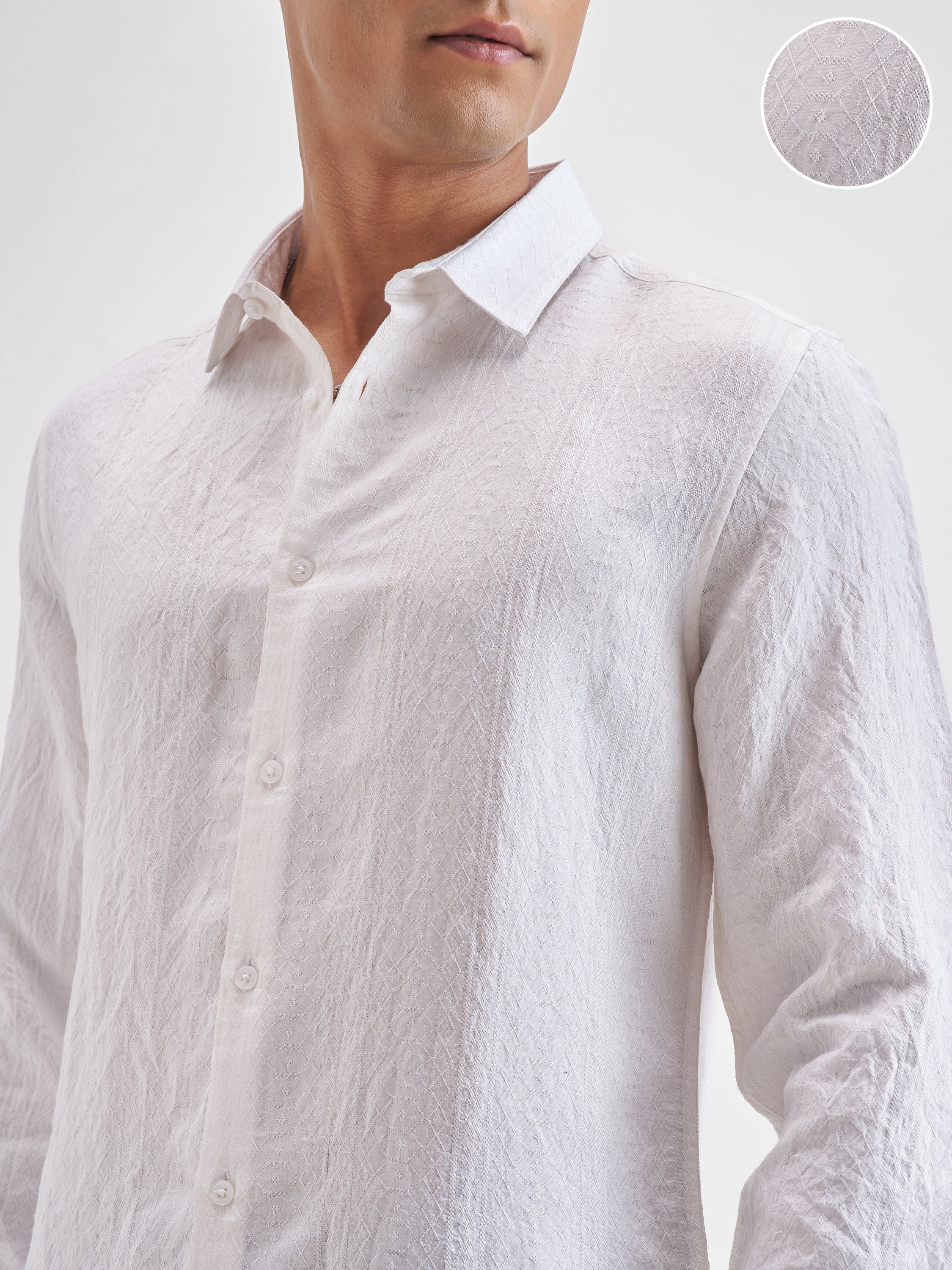 Highlander Men White Crushed Slim Fit Casual Shirt - White - Image 5
