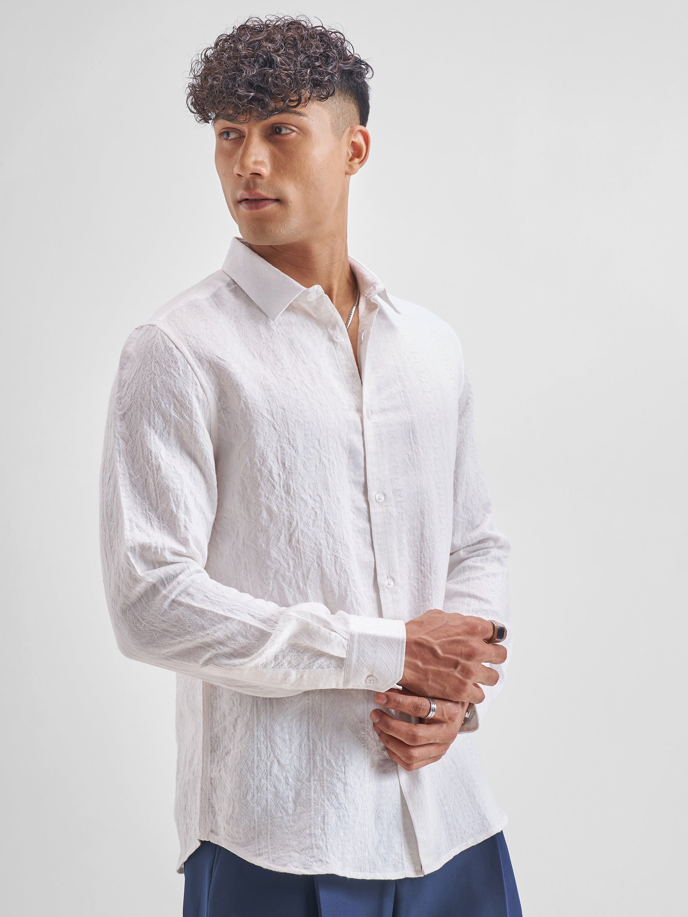 Highlander Men White Crushed Slim Fit Casual Shirt - White - Image 6