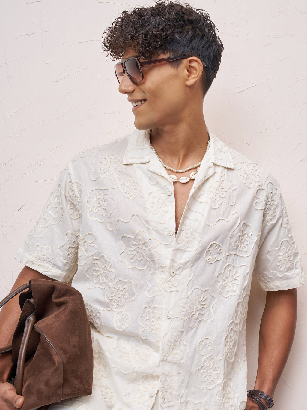 Highlander Men Cream Embroidered Relaxed Fit Casual Shirt - Cream - Image 1