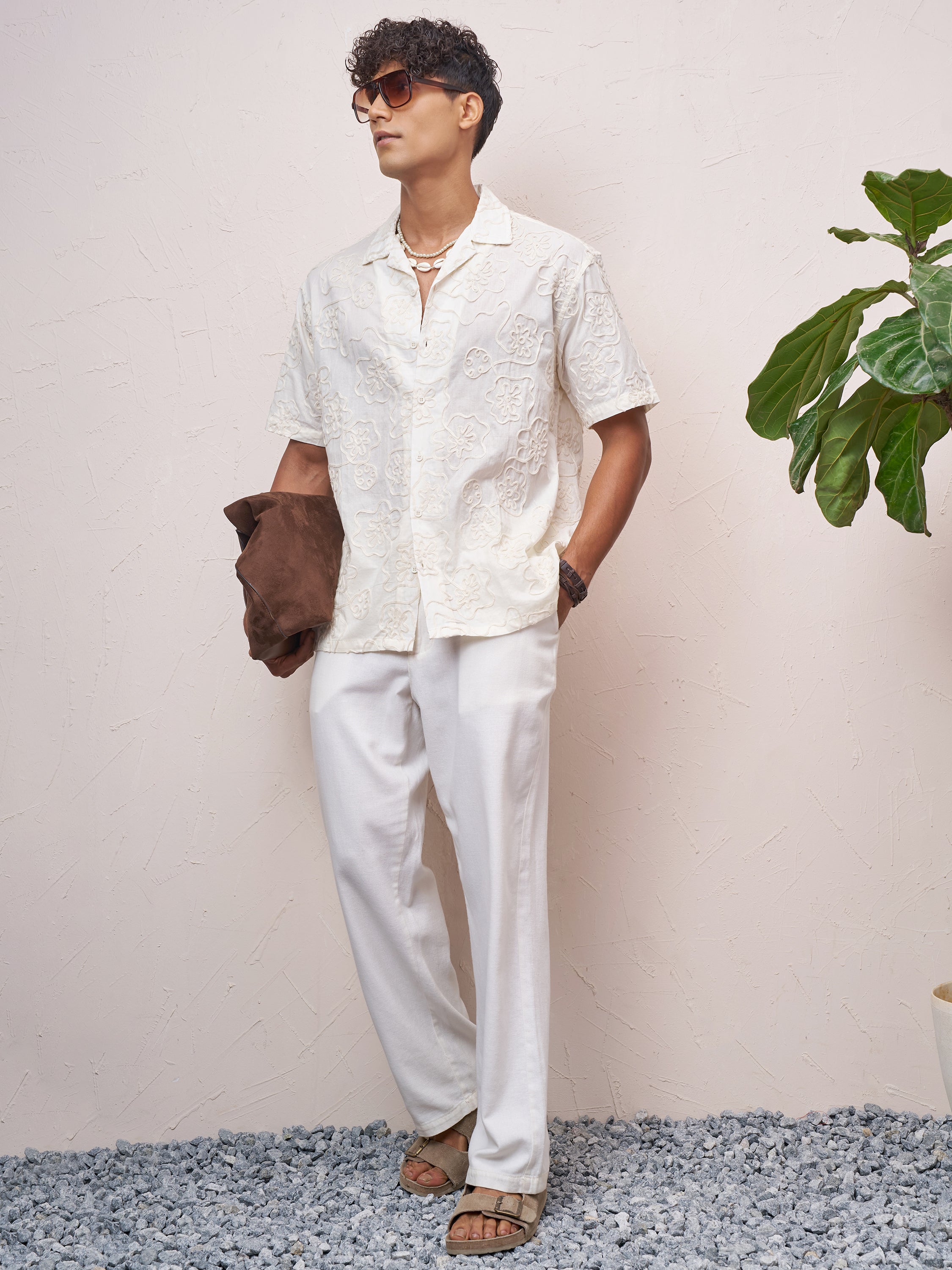 Highlander Men Cream Embroidered Relaxed Fit Casual Shirt - Cream - Image 2