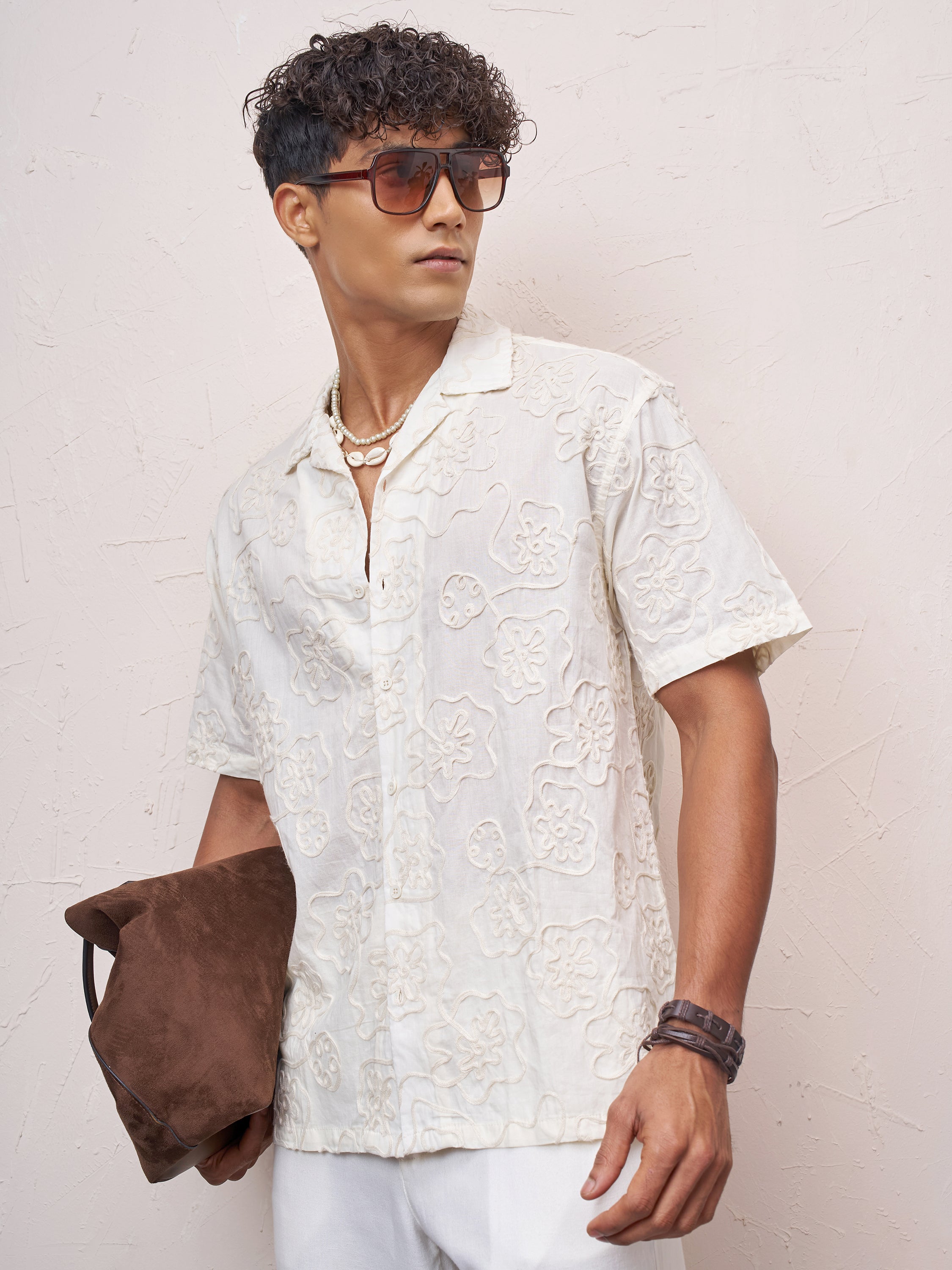 Highlander Men Cream Embroidered Relaxed Fit Casual Shirt - Cream - Image 4
