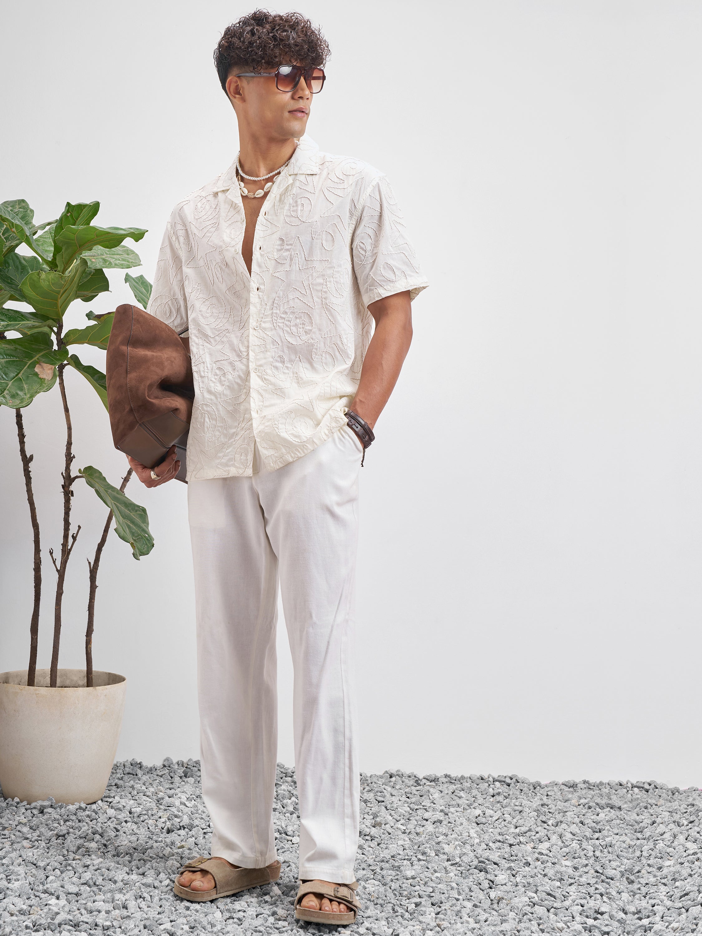 Highlander Men Cream Embroidered Relaxed Fit Casual Shirt - Cream - Image 2