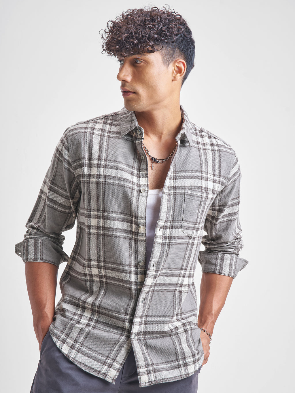Highlander Men Grey Checked Slim Fit Casual Shirt - Grey - Image 1