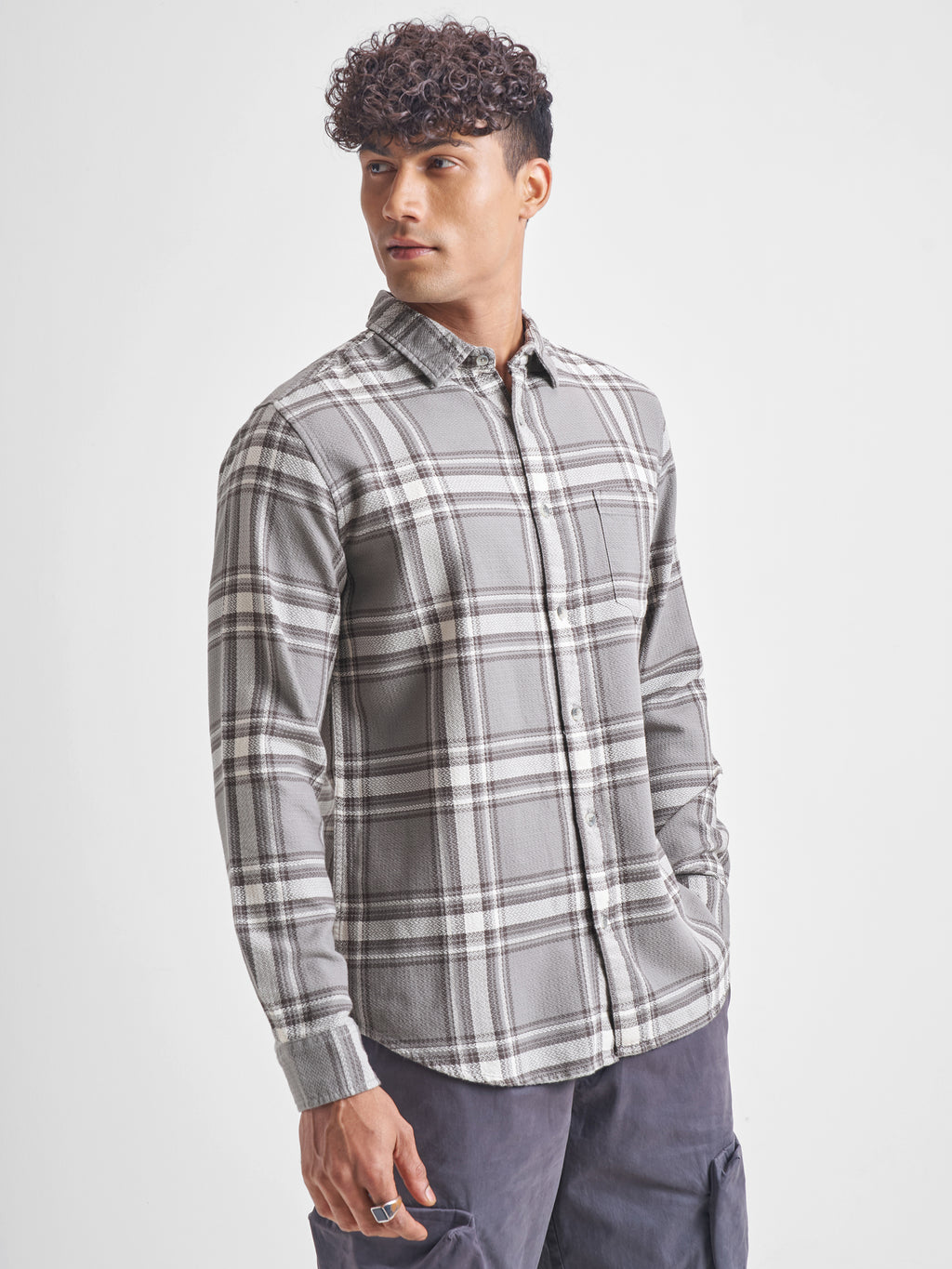 Highlander Men Grey Checked Slim Fit Casual Shirt - Grey - Image 6
