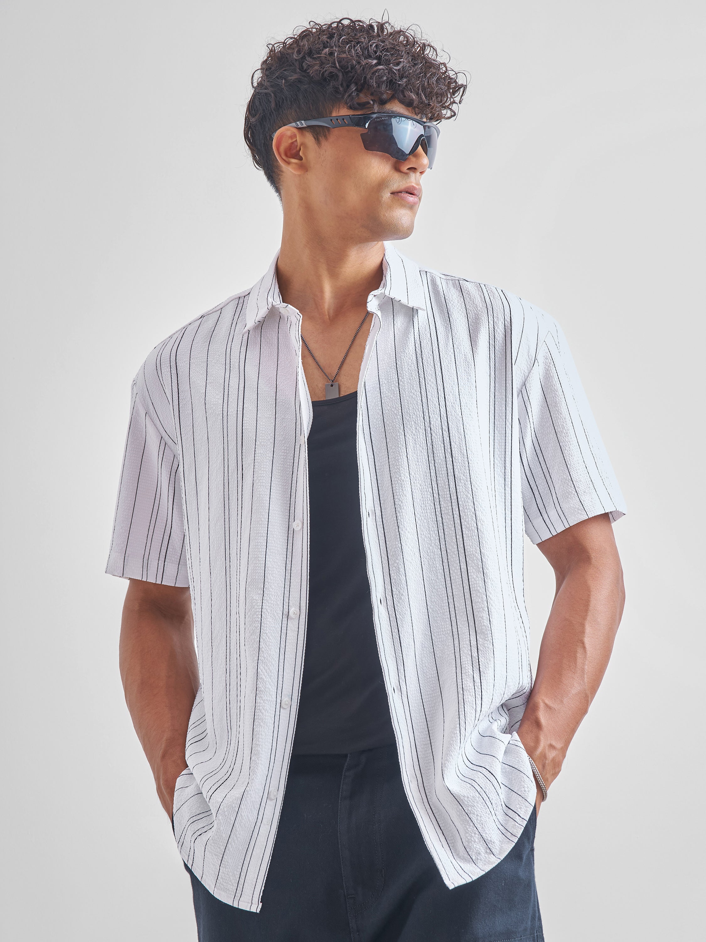 Highlander Men Off White Striped Oversized Fit Casual Shirt - Off White - Image 1