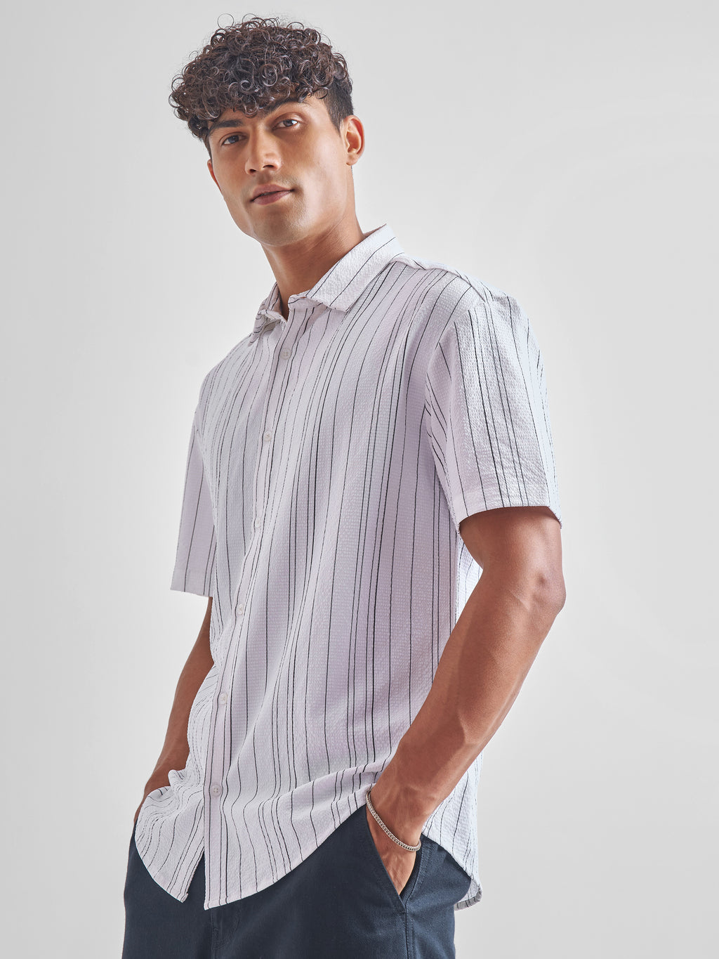 Highlander Men Off White Striped Oversized Fit Casual Shirt - Off White - Image 4