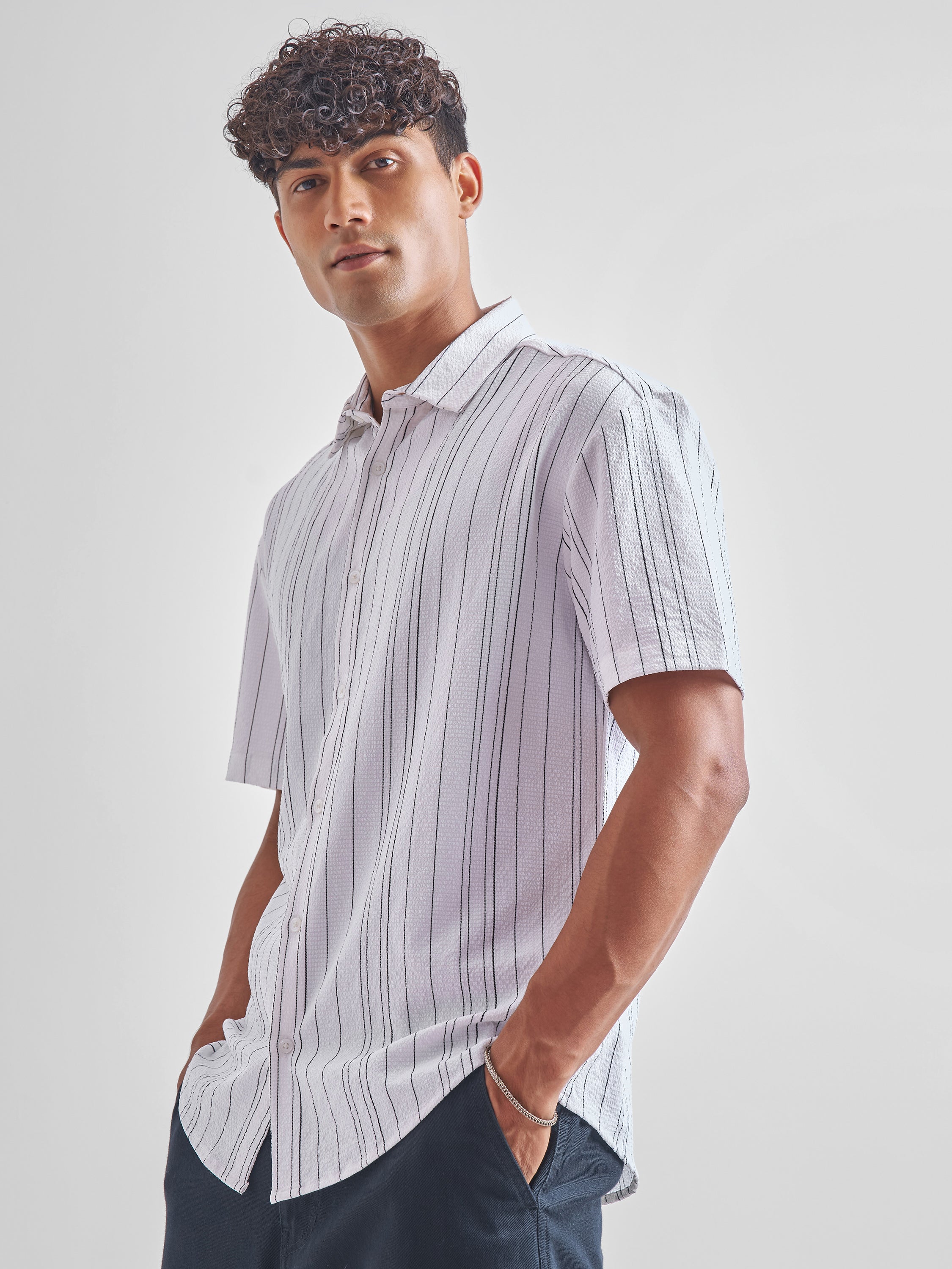 Highlander Men Off White Striped Oversized Fit Casual Shirt - Off White - Image 4