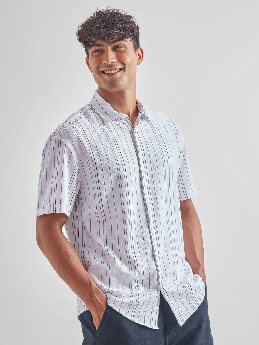 Highlander Men Off White Striped Oversized Fit Casual Shirt - Off White - Image 6