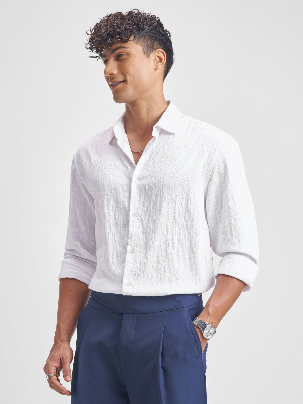 Highlander Men White Crushed Regular Fit Casual Shirt - White - Image 4