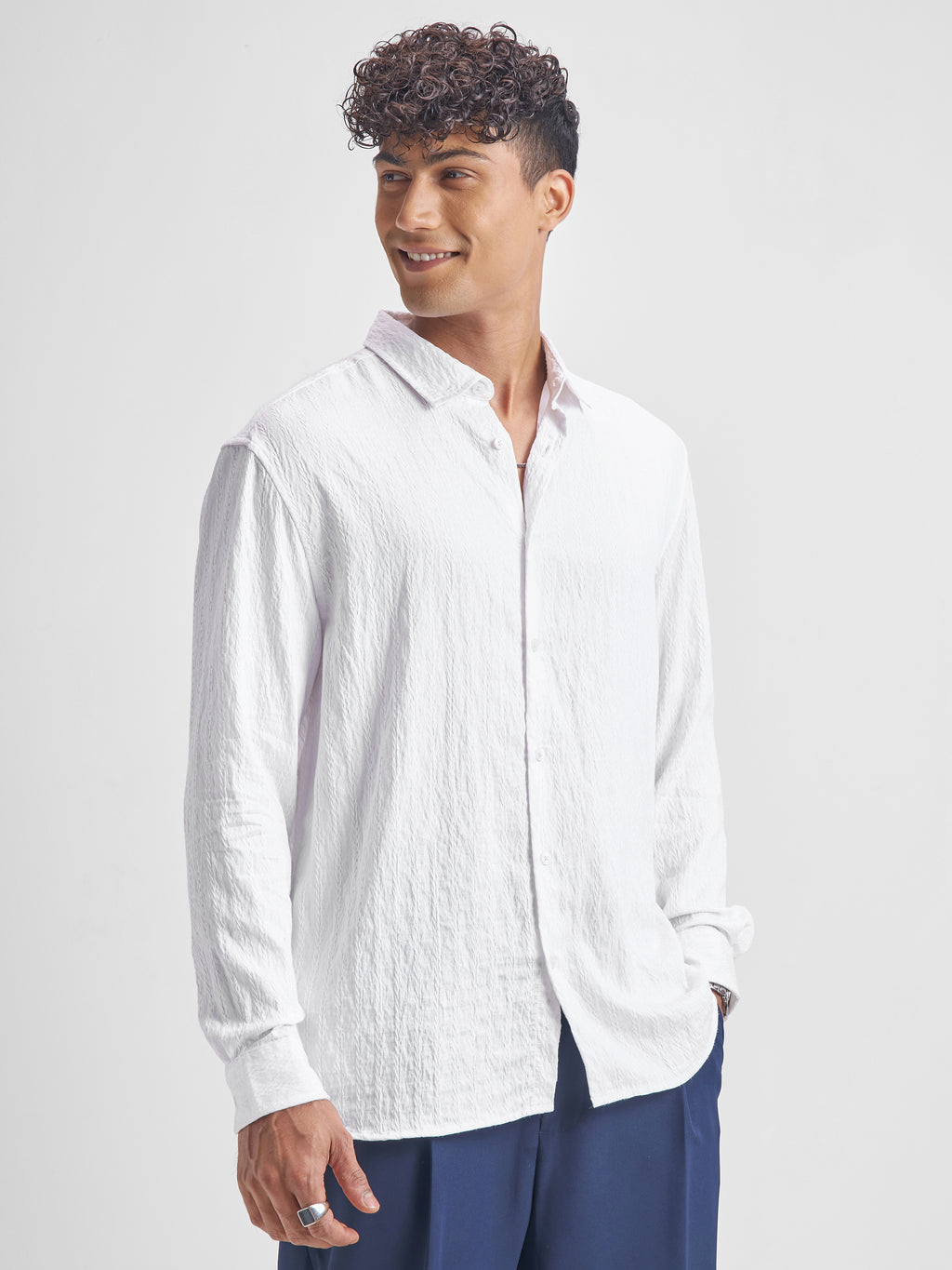 Highlander Men White Crushed Regular Fit Casual Shirt - White - Image 6