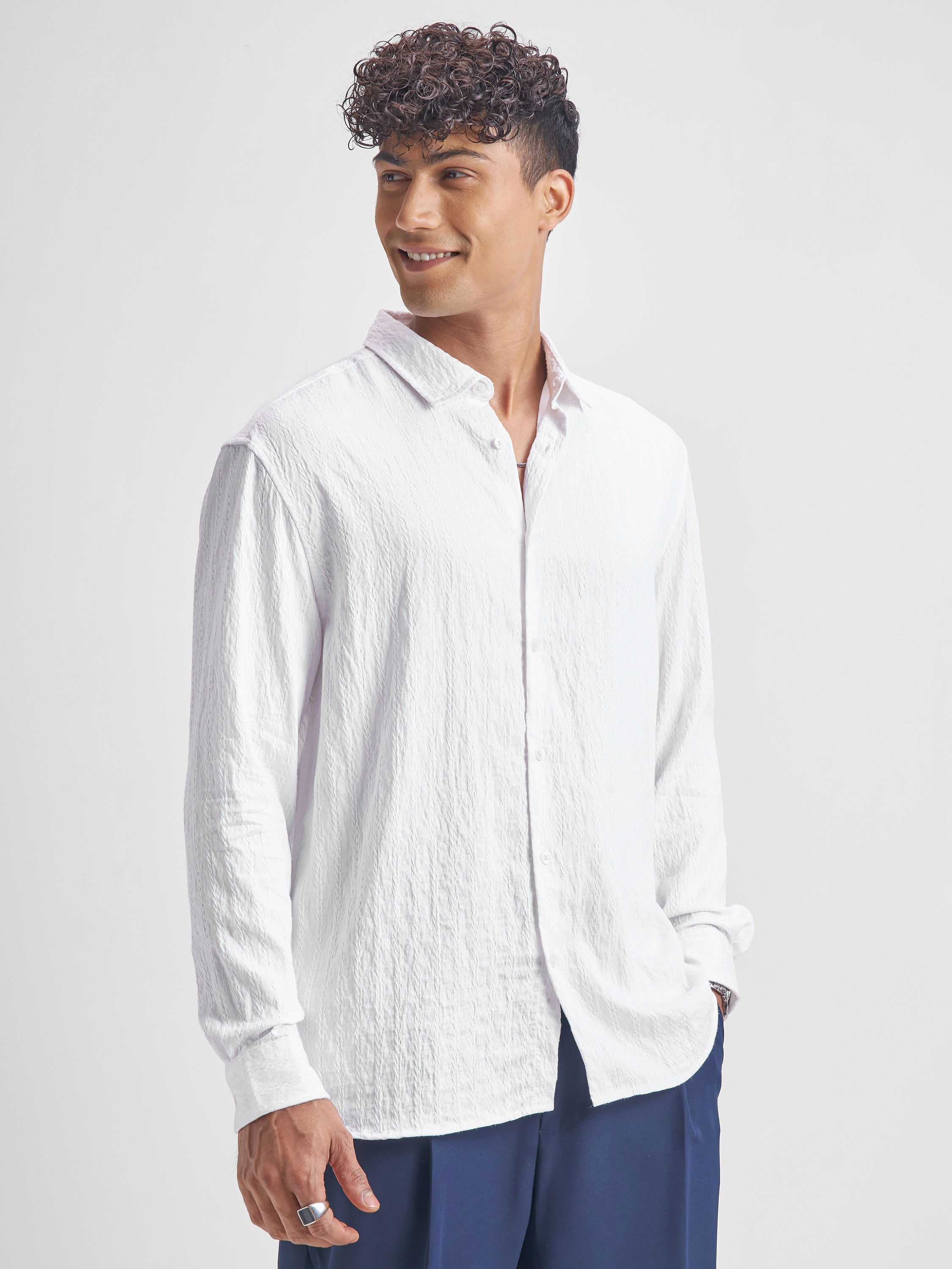Highlander Men White Crushed Regular Fit Casual Shirt - White - Image 6