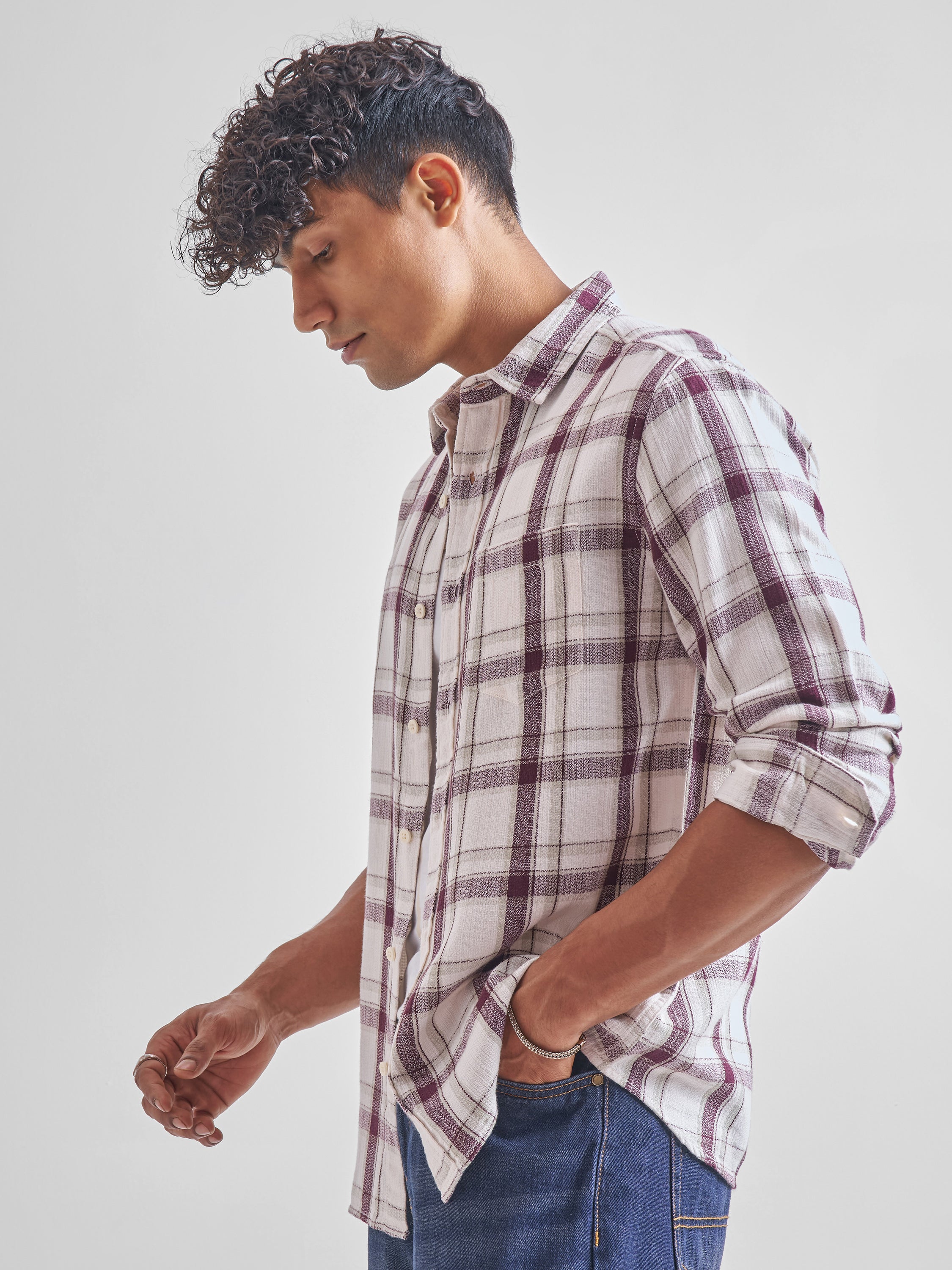 Highlander Men Maroon Checked Slim Fit Casual Shirt - Maroon - Image 4