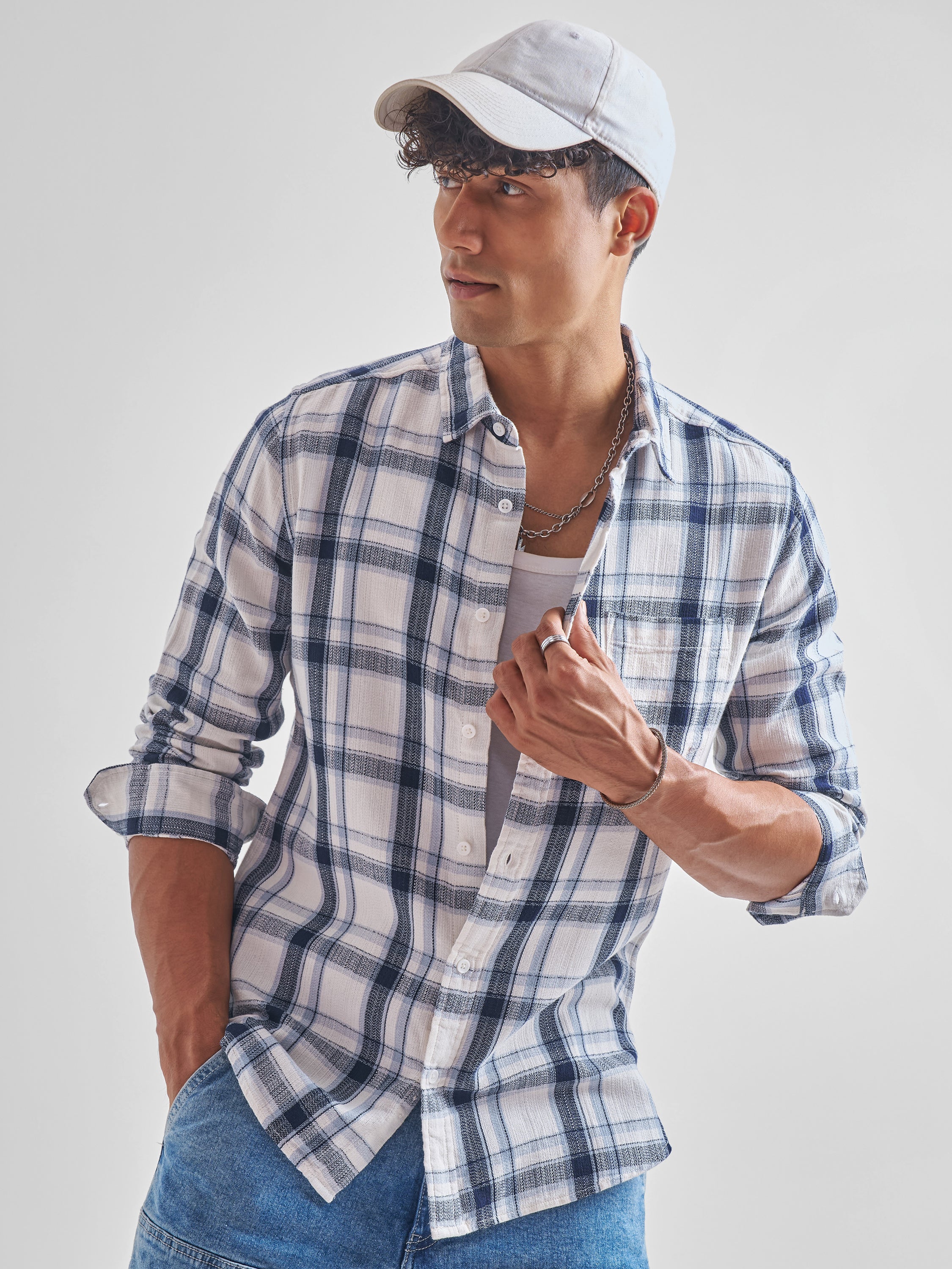 Highlander Men White Checked Slim Fit Casual Shirt - White - Image 1