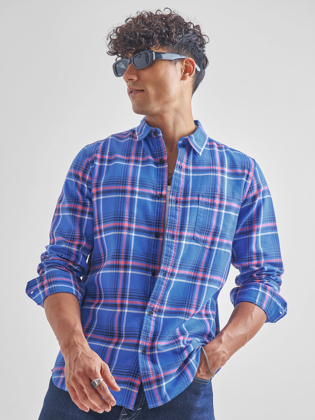 Highlander Men Blue Checked Slim Fit Casual Shirt - Blue - Image 1