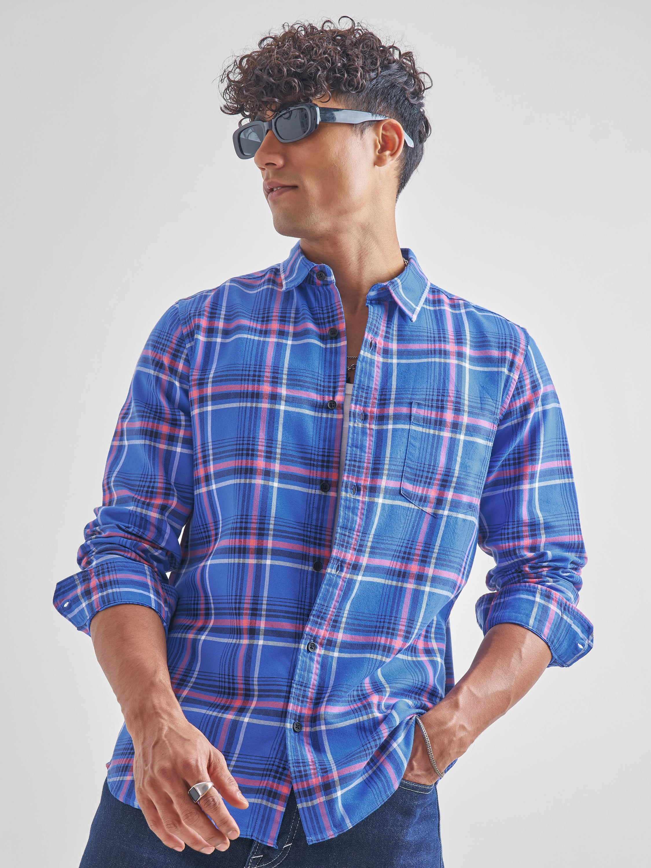 Highlander Men Blue Checked Slim Fit Casual Shirt - Blue - Image 1