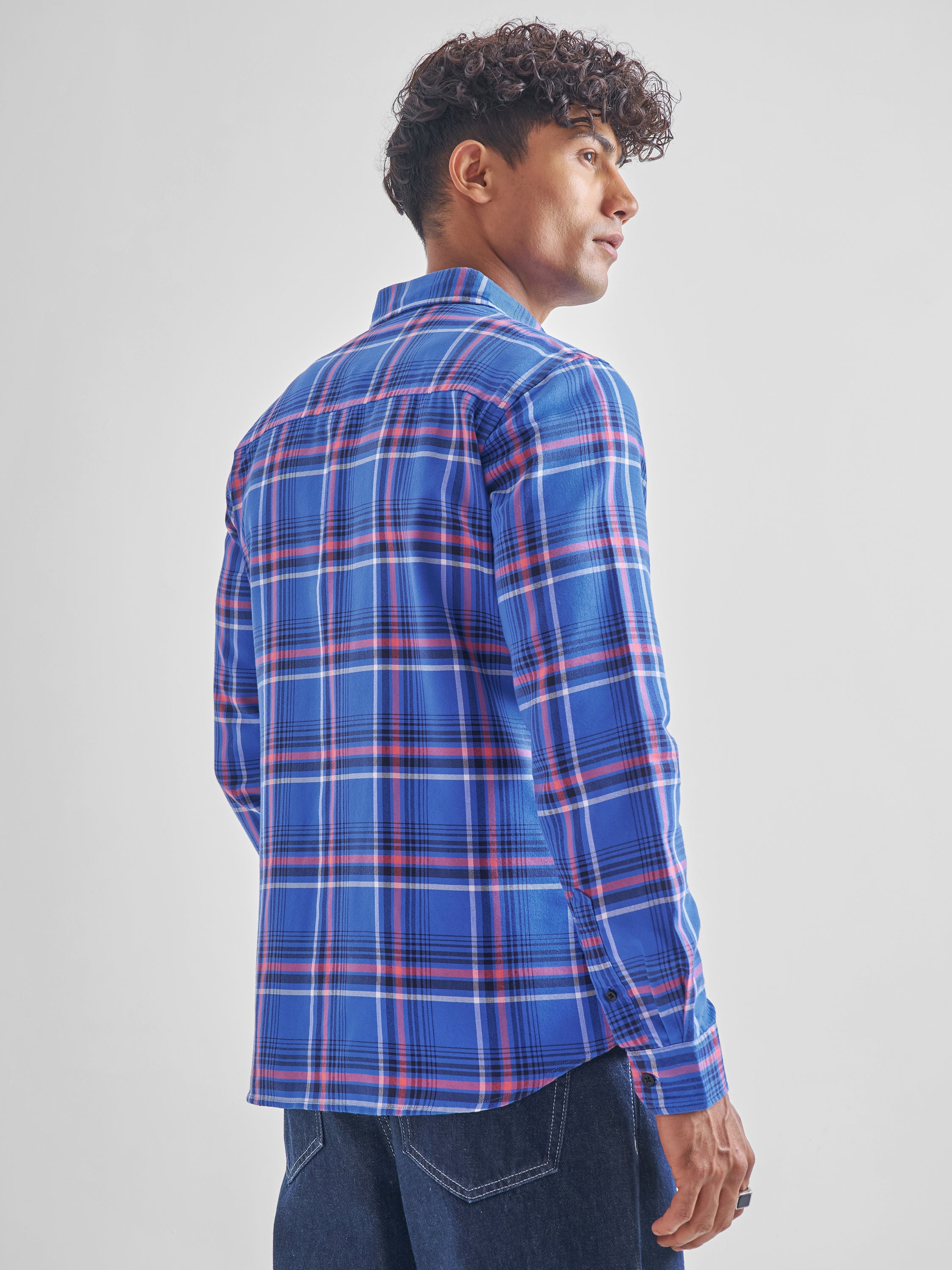 Highlander Men Blue Checked Slim Fit Casual Shirt - Blue - Image 3