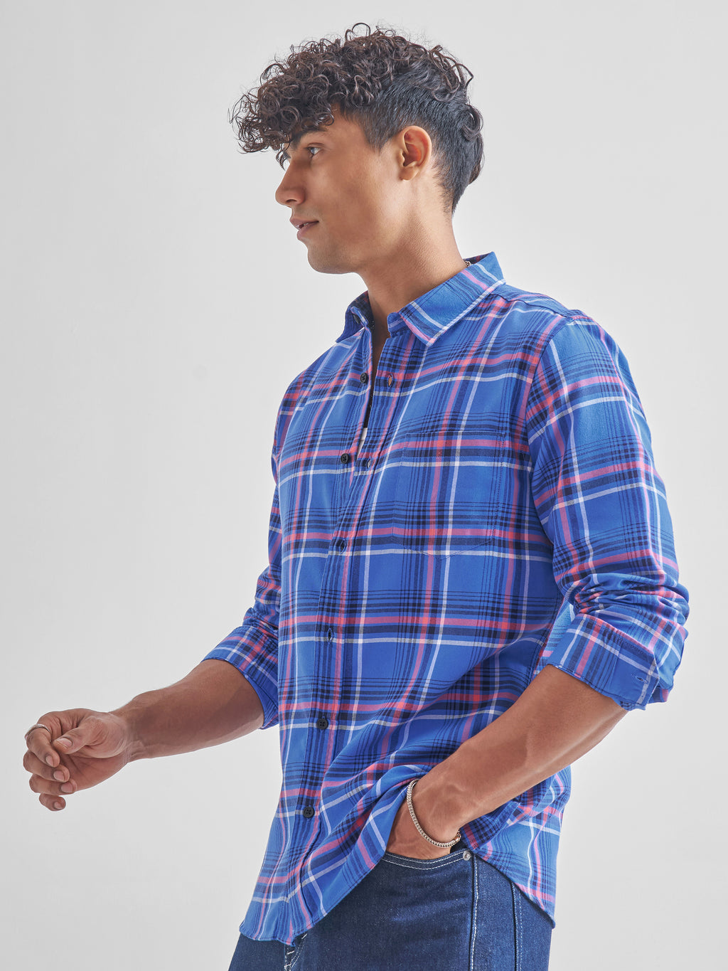 Highlander Men Blue Checked Slim Fit Casual Shirt - Blue - Image 4