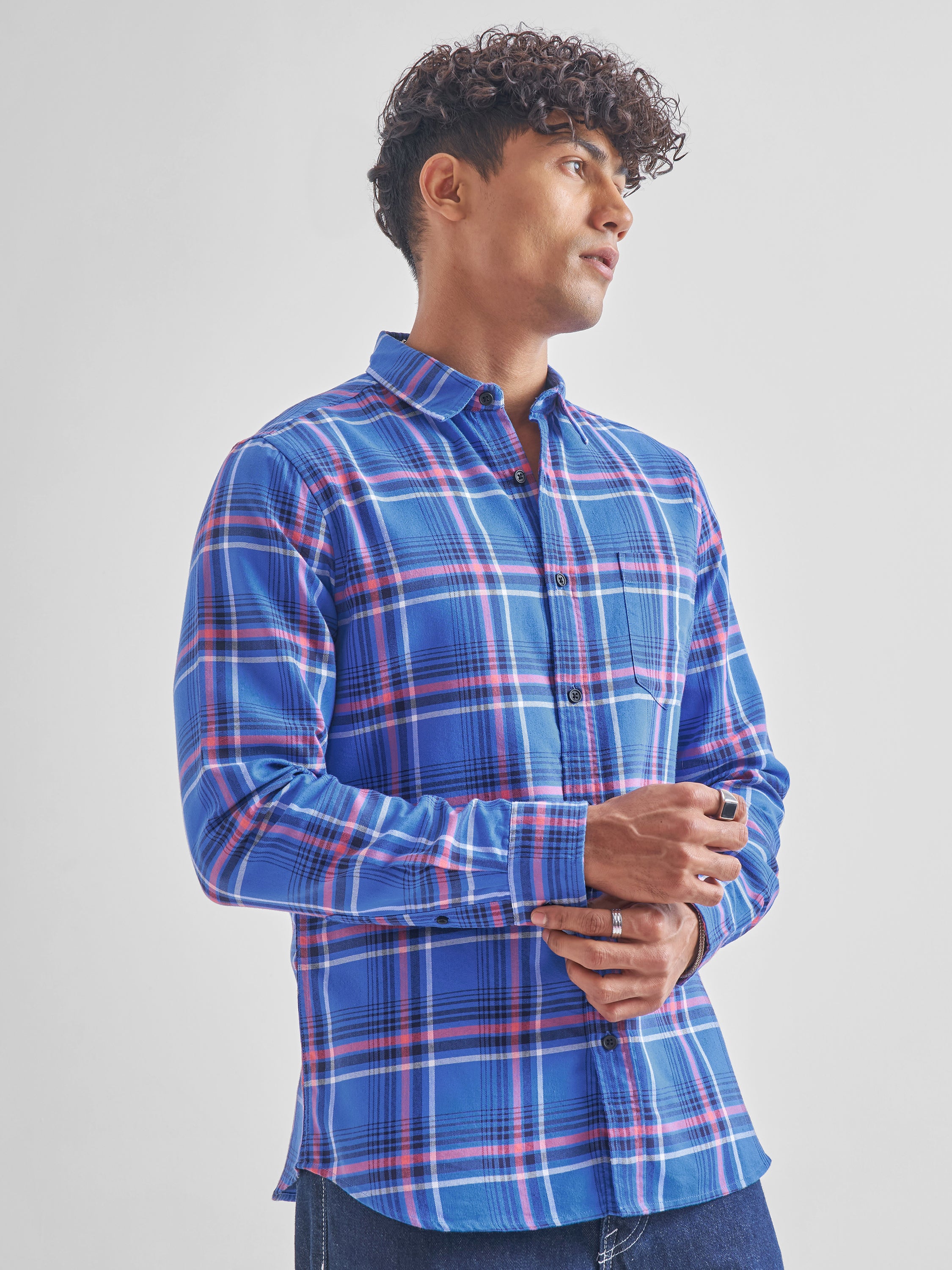 Highlander Men Blue Checked Slim Fit Casual Shirt - Blue - Image 6