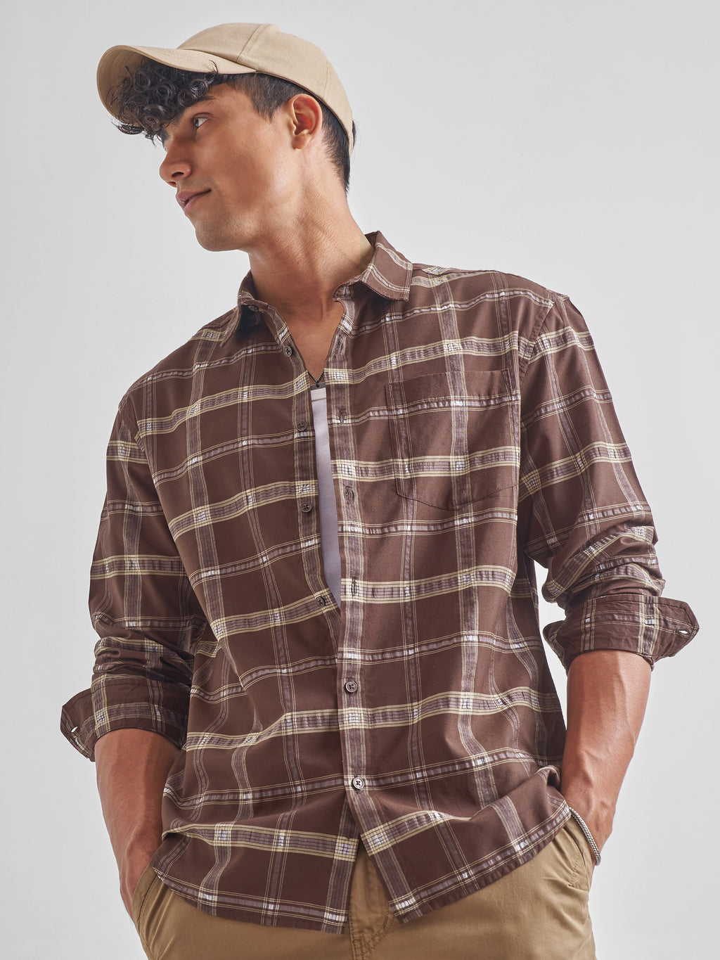 Highlander Men Brown Checked Relaxed Fit Casual Shirt - Brown - Image 1
