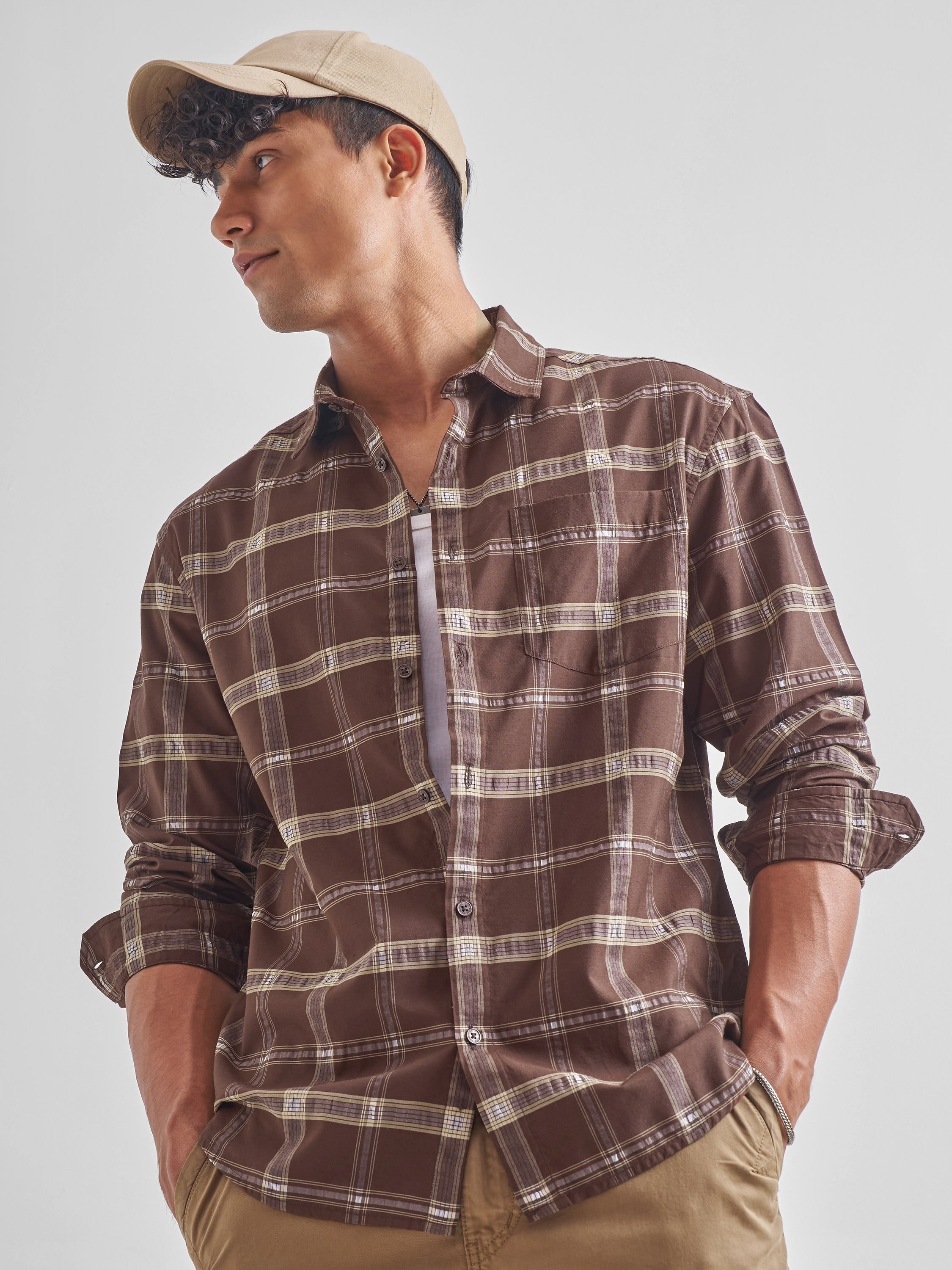 Highlander Men Brown Checked Relaxed Fit Casual Shirt - Brown - Image 1