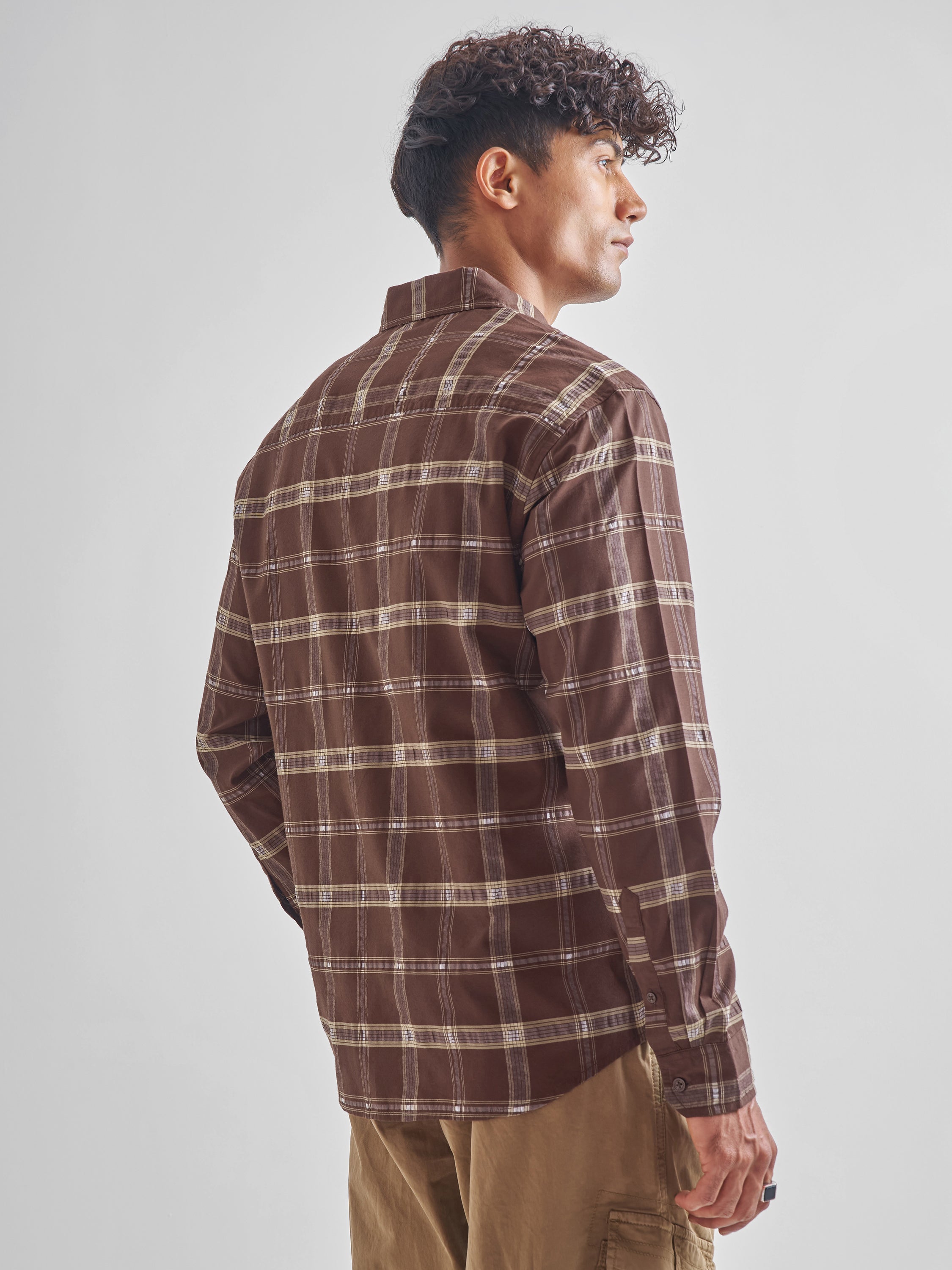 Highlander Men Brown Checked Relaxed Fit Casual Shirt - Brown - Image 3