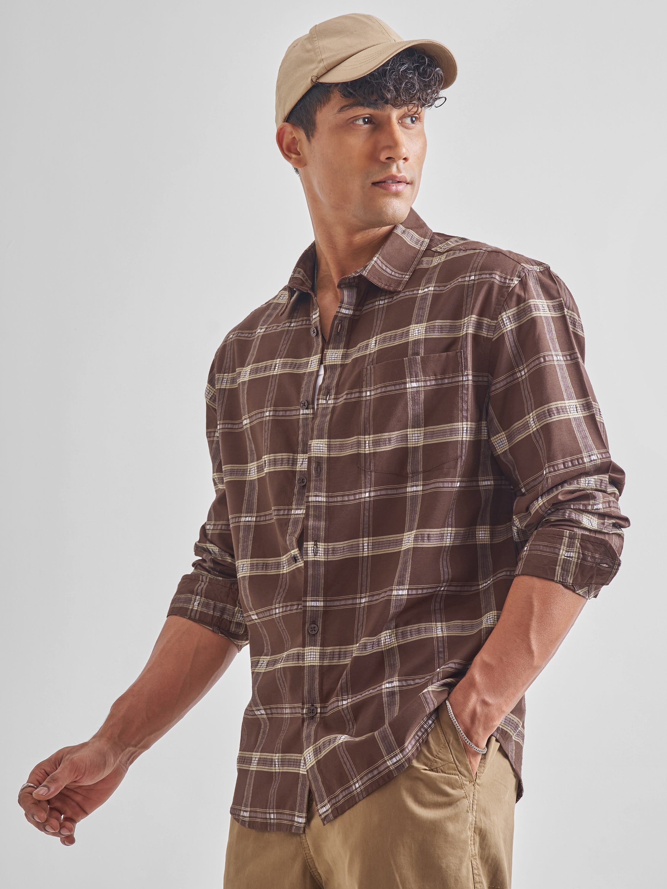 Highlander Men Brown Checked Relaxed Fit Casual Shirt - Brown - Image 4