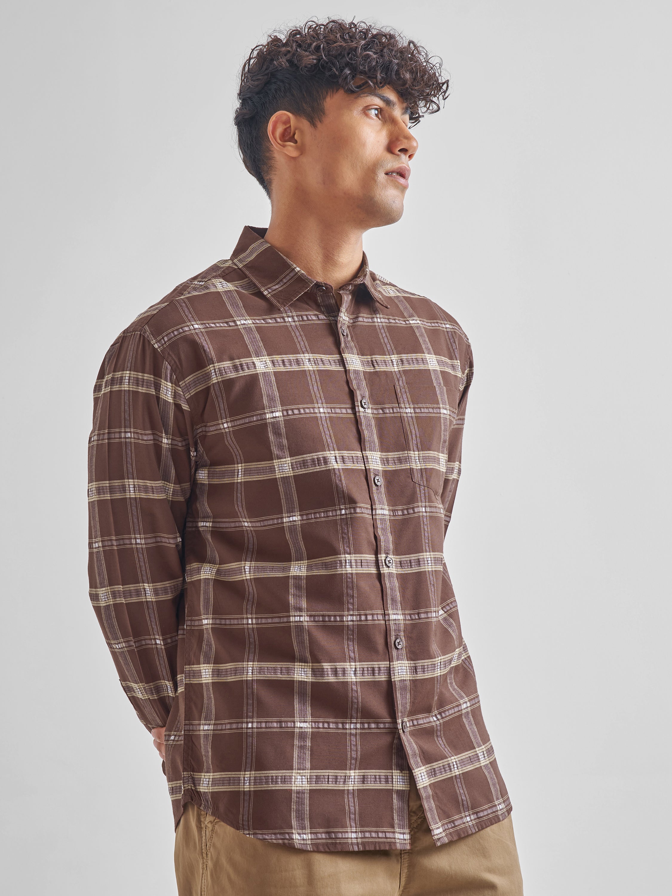 Highlander Men Brown Checked Relaxed Fit Casual Shirt - Brown - Image 6