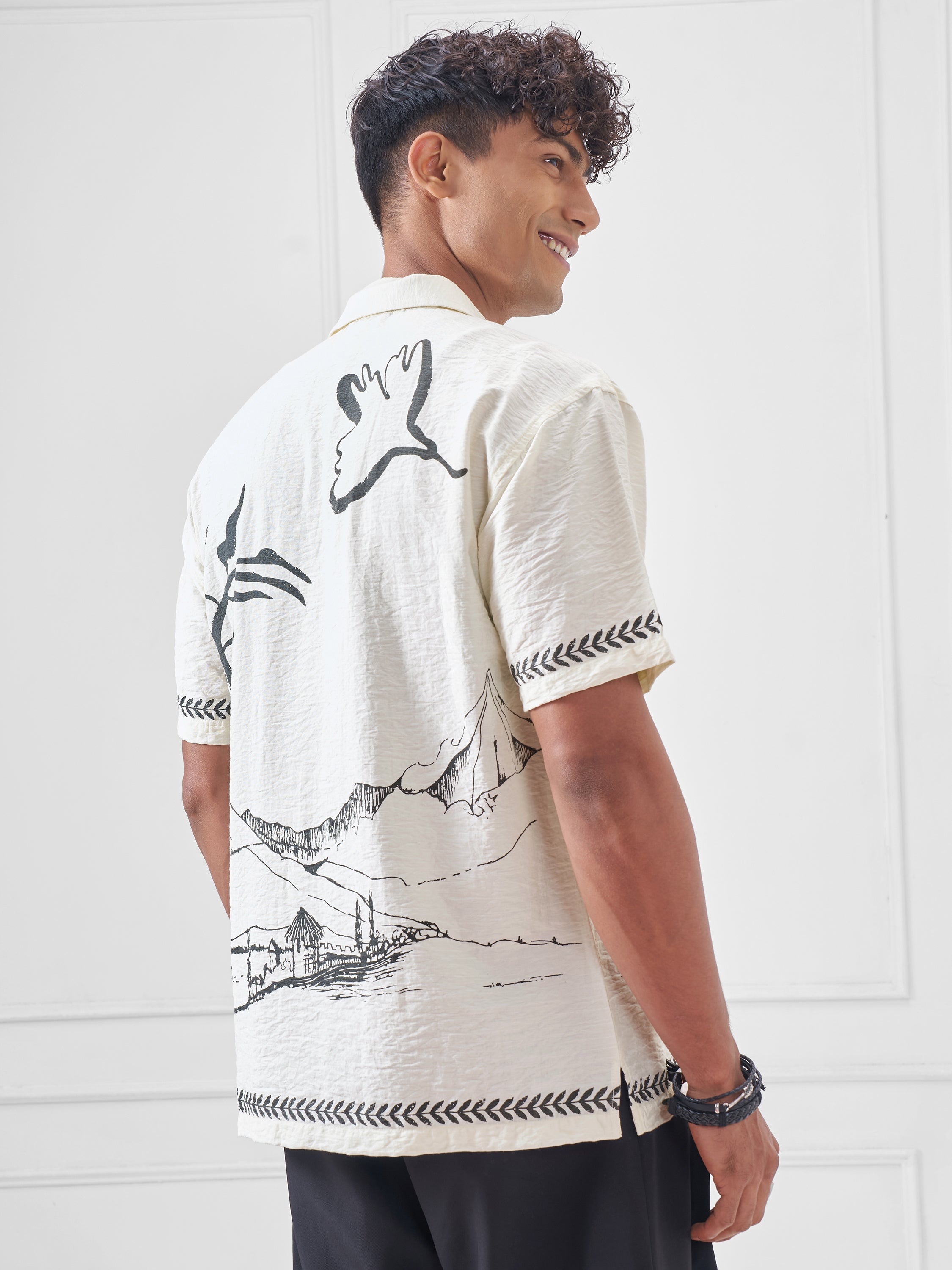 Highlander Men Off White Printed Boxy Fit Casual Shirt - Off White - Image 3
