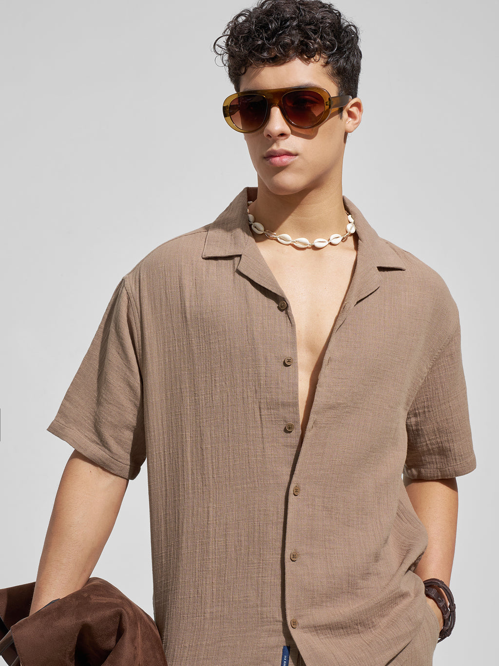 Highlander Men Brown Self Design Relaxed Fit Casual Shirt