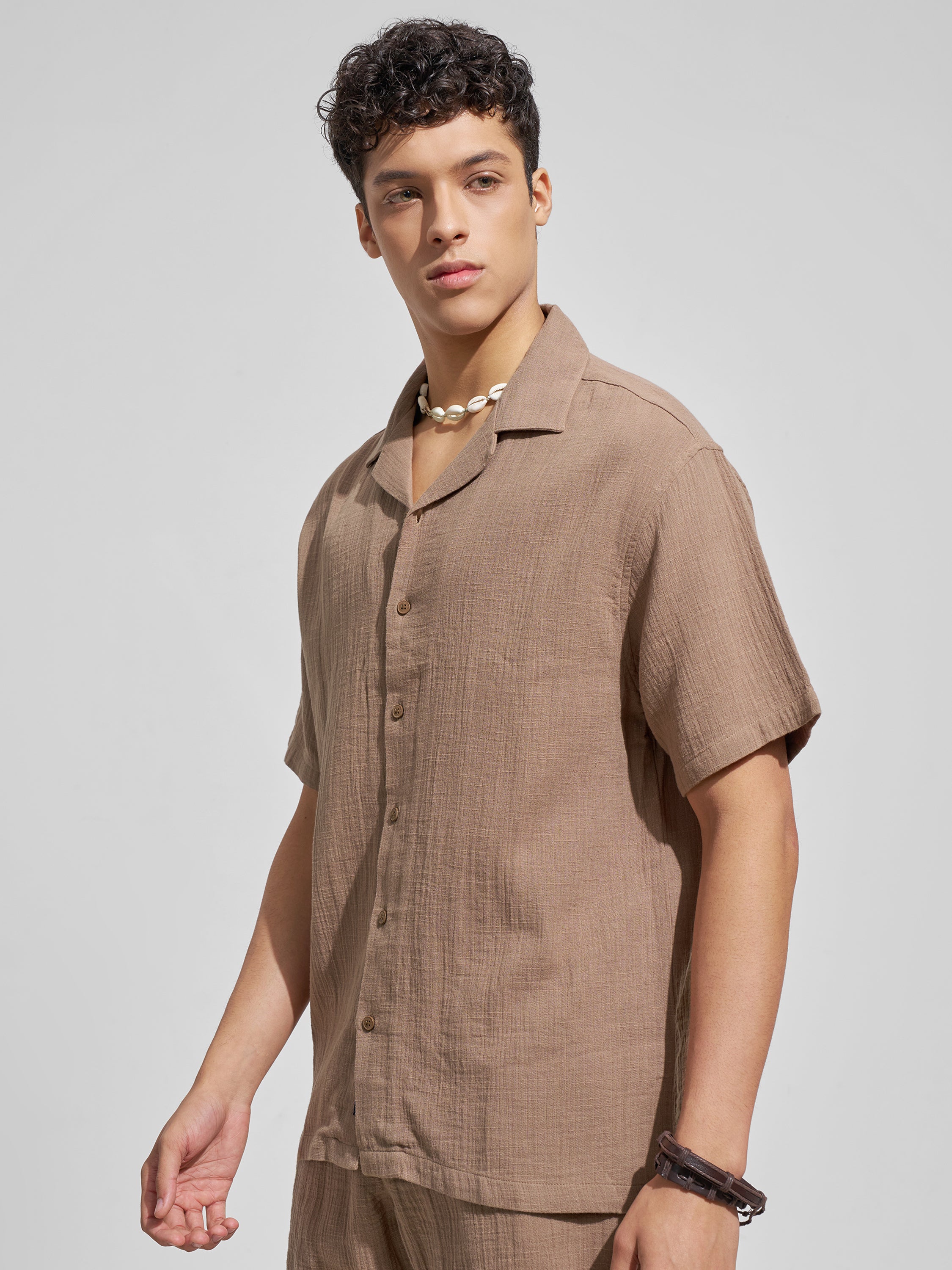 Highlander Men Brown Self Design Relaxed Fit Casual Shirt