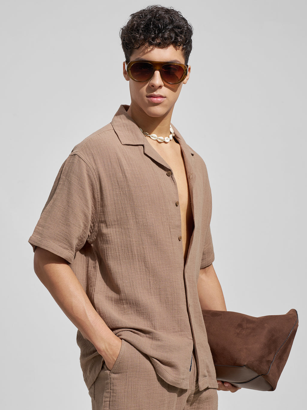 Highlander Men Brown Self Design Relaxed Fit Casual Shirt
