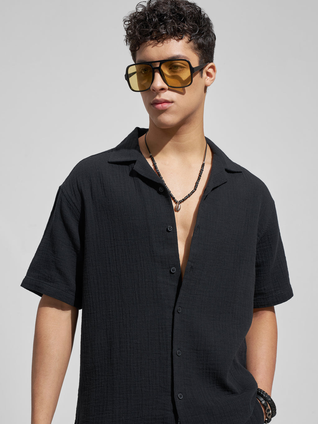 Highlander Men Black Self Design Relaxed Fit Casual Shirt