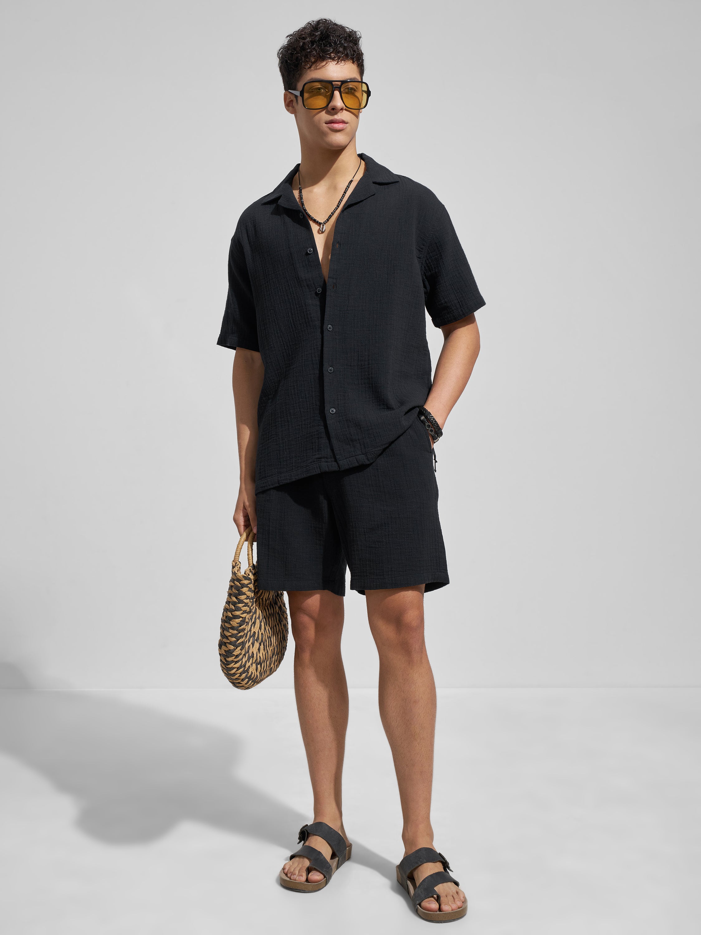 Highlander Men Black Self Design Relaxed Fit Casual Shirt