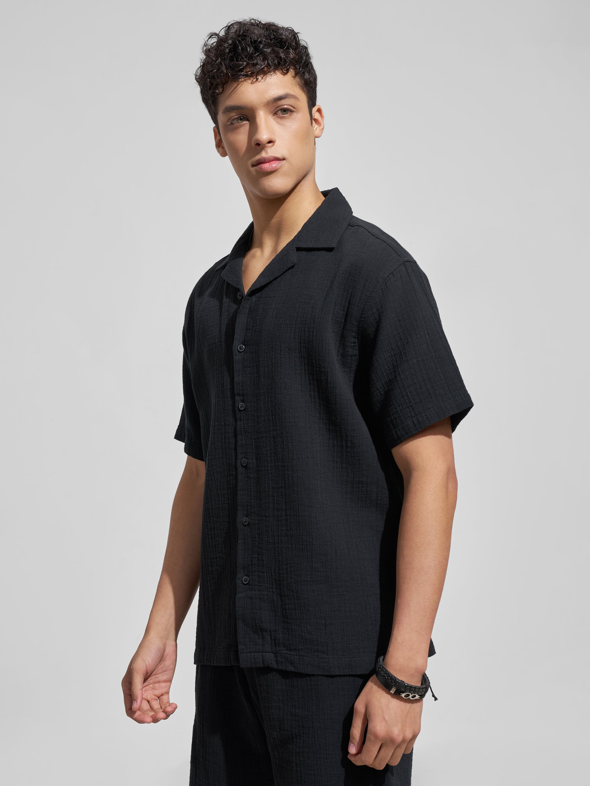 Highlander Men Black Self Design Relaxed Fit Casual Shirt