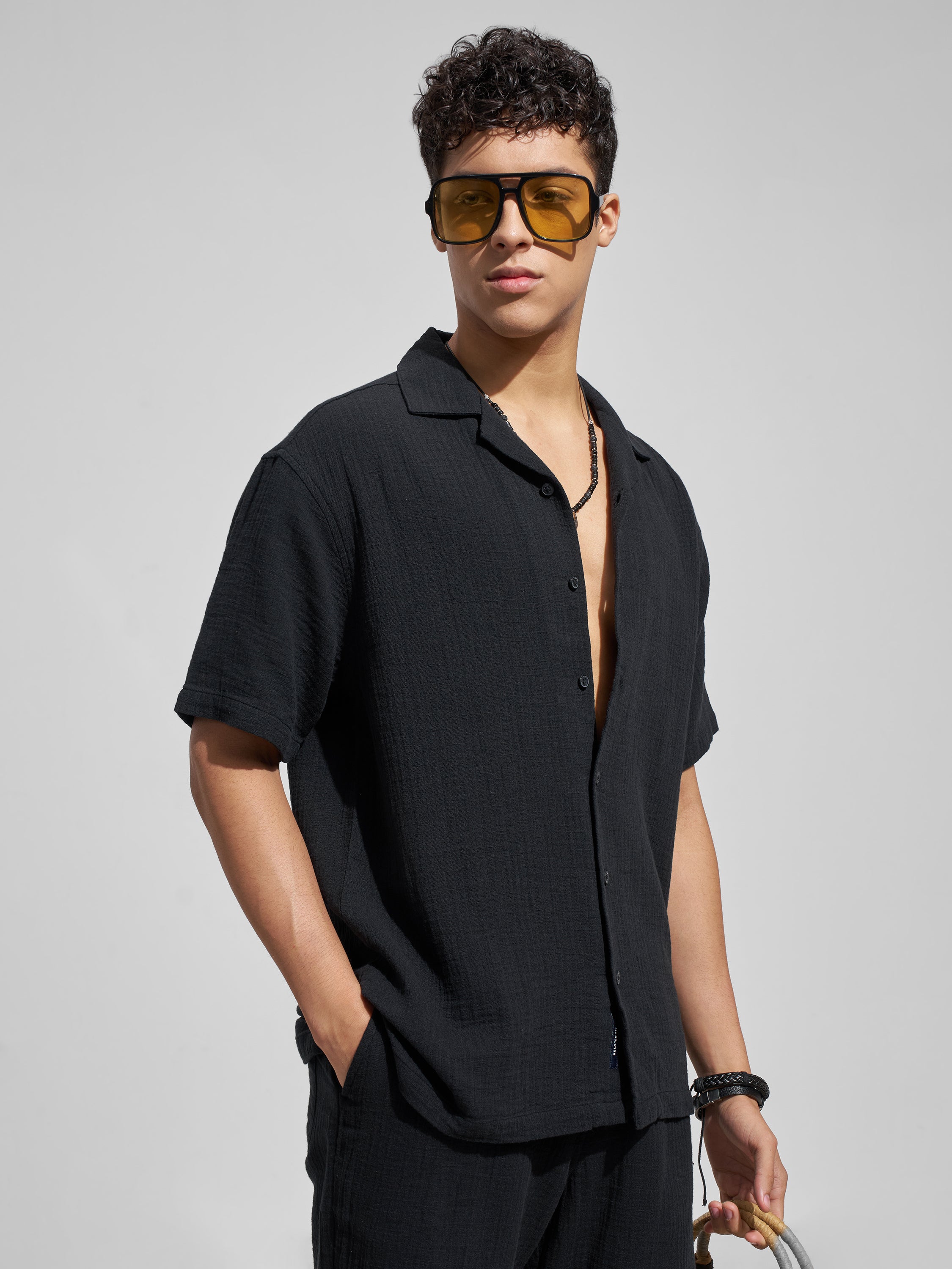 Highlander Men Black Self Design Relaxed Fit Casual Shirt