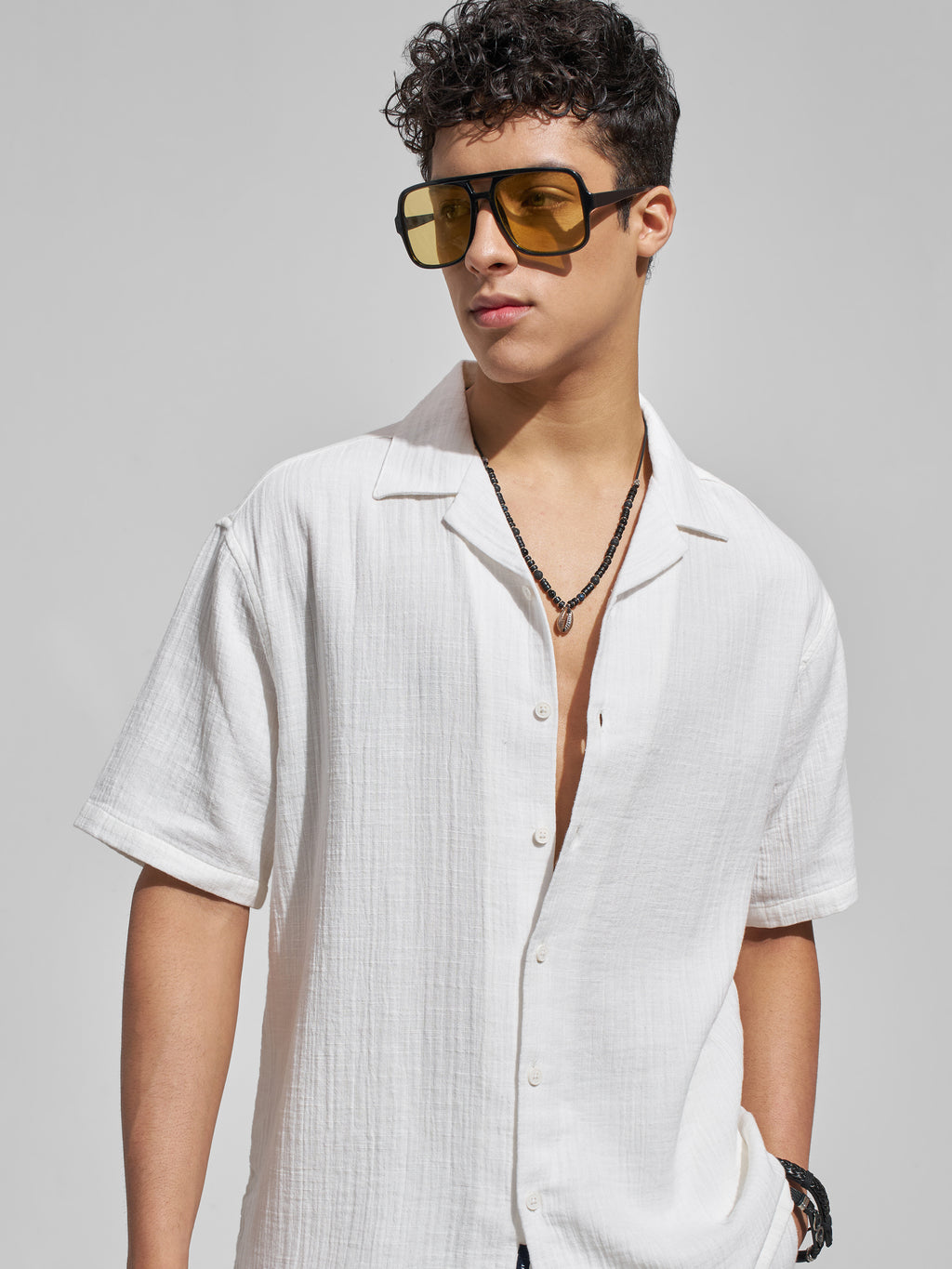 Highlander Men White Self Design Relaxed Fit Casual Shirt