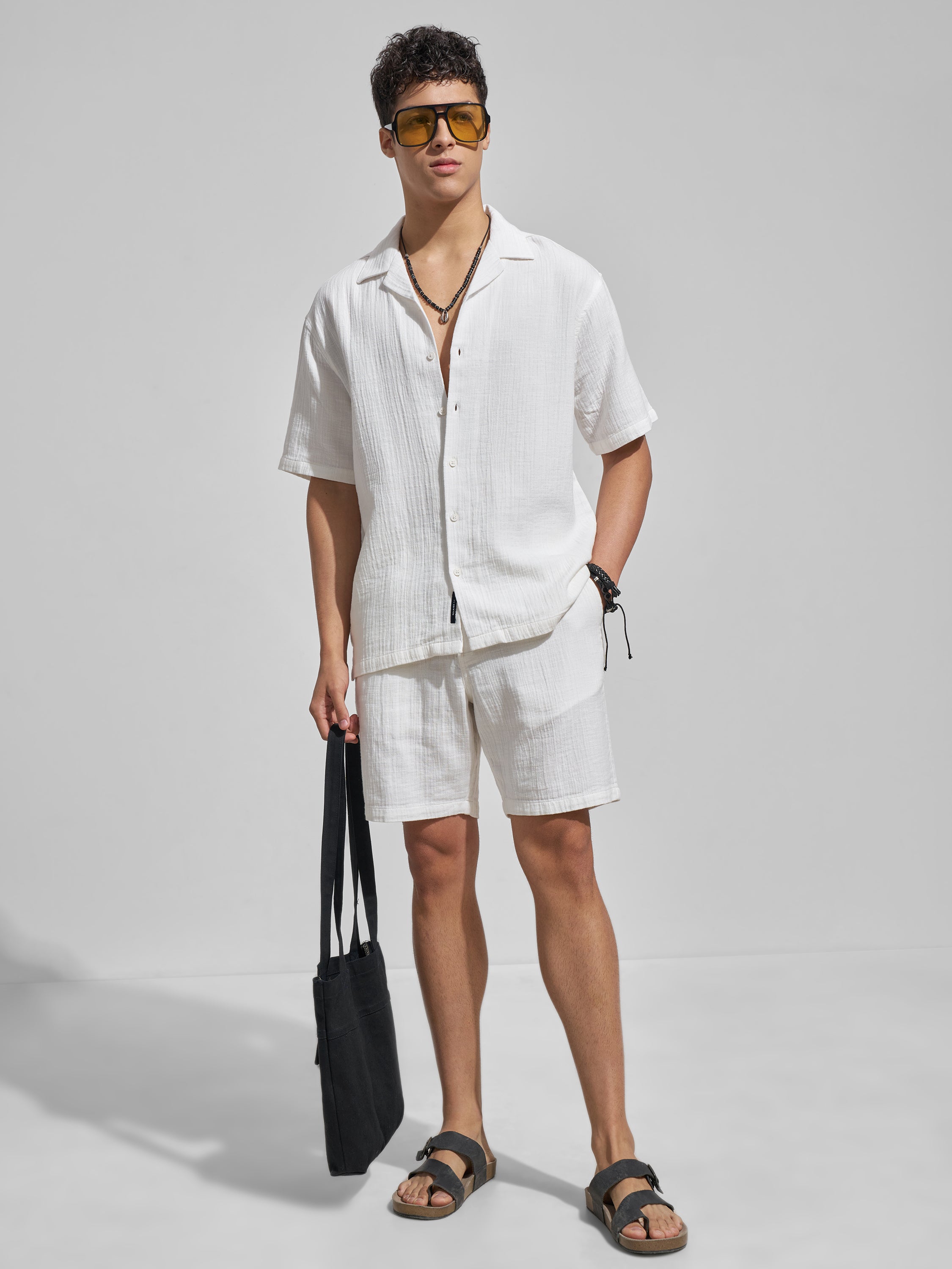 Highlander Men White Self Design Relaxed Fit Casual Shirt