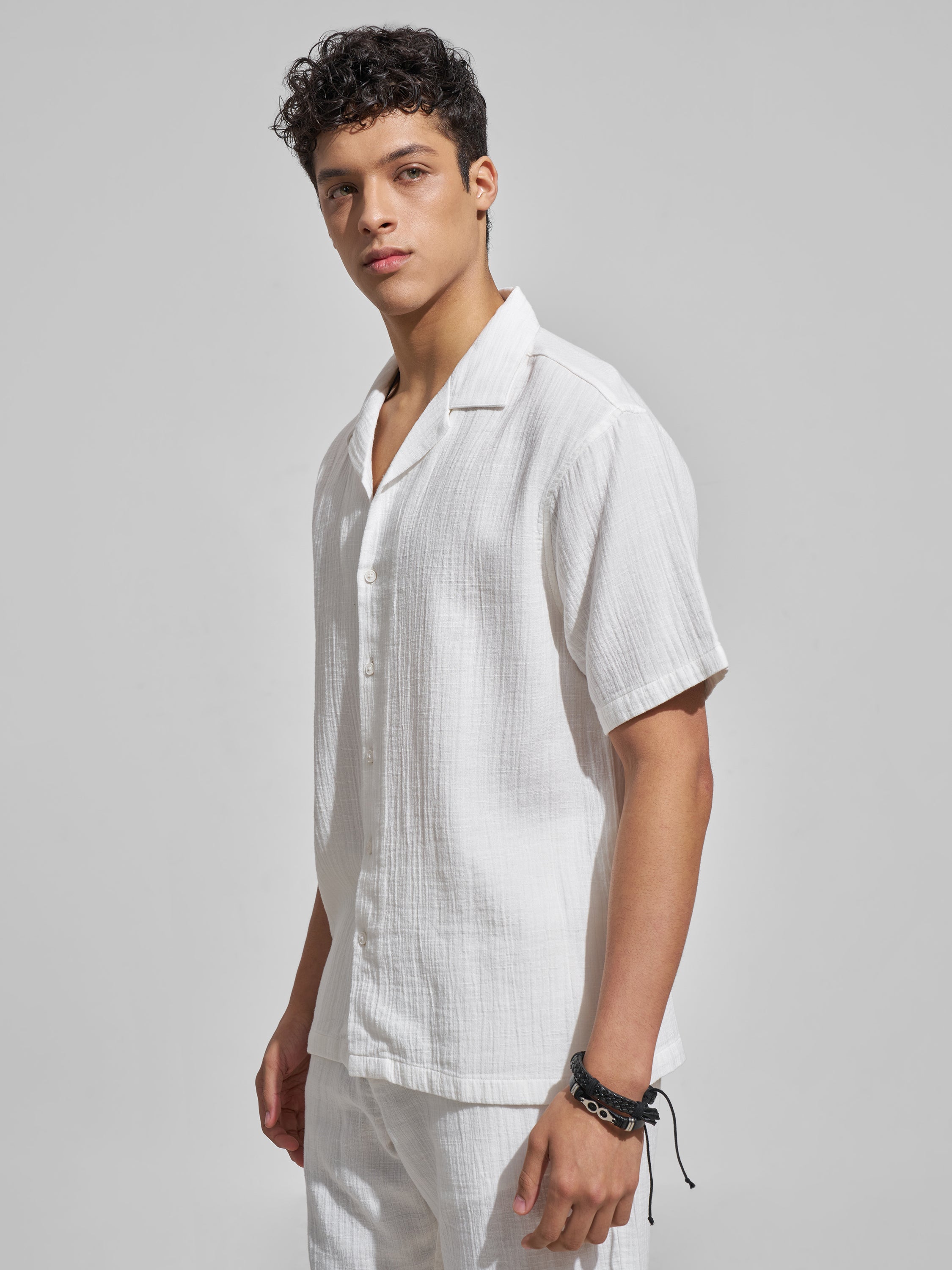 Highlander Men White Self Design Relaxed Fit Casual Shirt