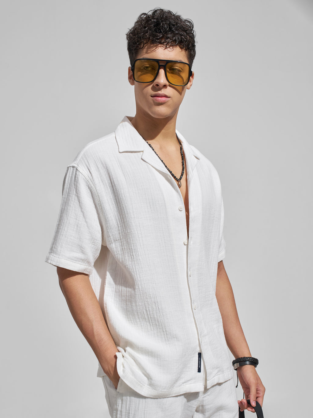 Highlander Men White Self Design Relaxed Fit Casual Shirt