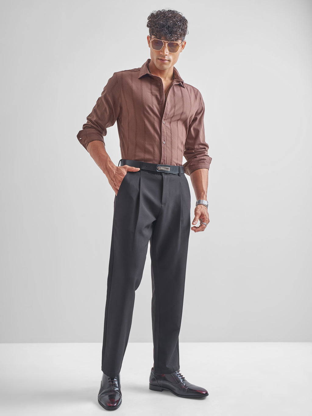 Highlander Men Brown Self Design Slim Fit Casual Shirt - Brown - Image 2
