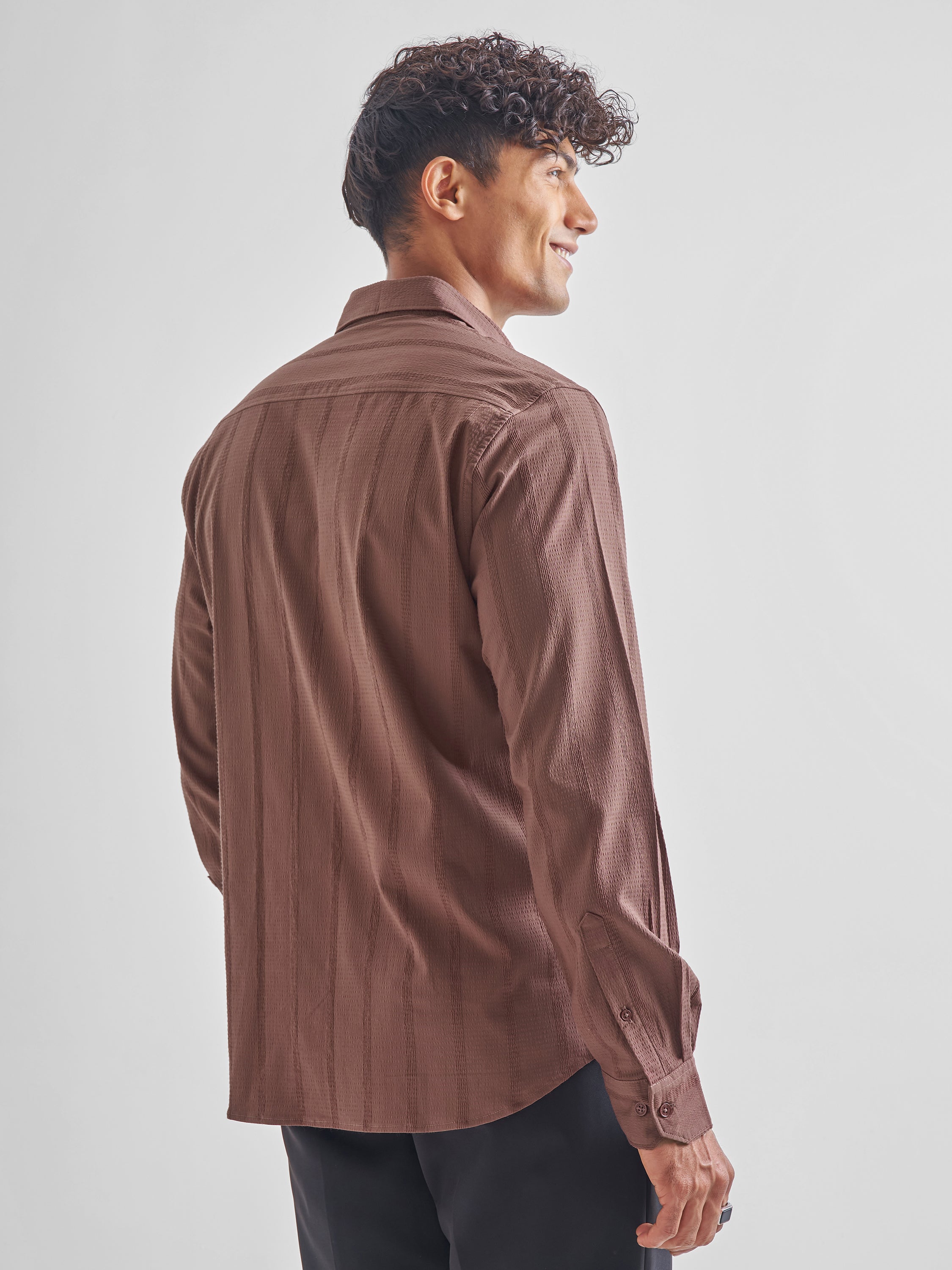 Highlander Men Brown Self Design Slim Fit Casual Shirt - Brown - Image 3